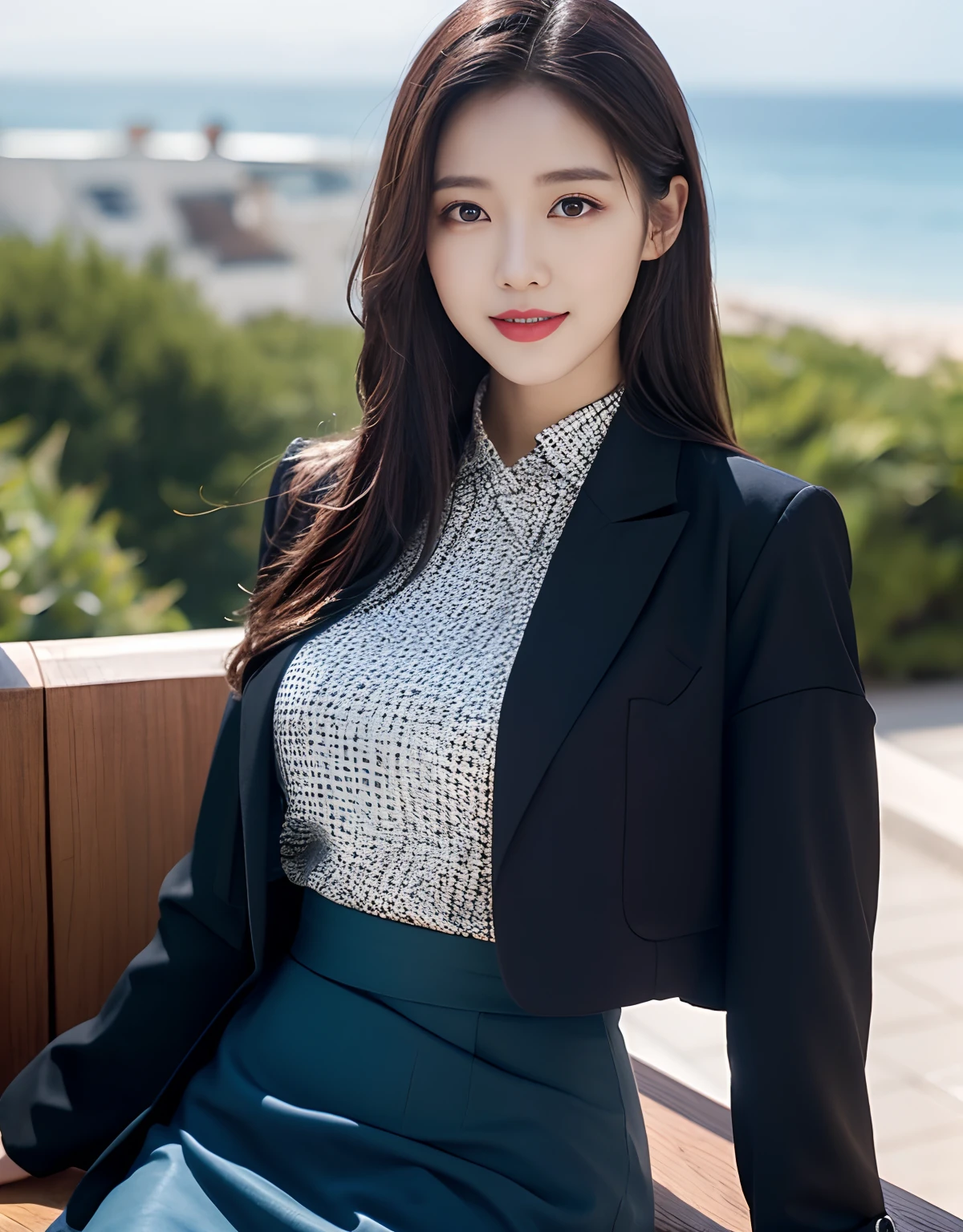 (RAW photogr:1.2),The highest quality, 超高分辨率, Slim waist, Lovely smile, Highly detailed faces, Detailed lips, finely quality eyes, 二重まぶた, Long black hair, Black-haired god, Top-notch terrace,  next to the reflecting ocean, Cinematic shots,expansive cinematic view, Bright and cheerful atmosphere, Lovely eyes, (dress_shirt, croped_Jacket, Wrap_Skirt)