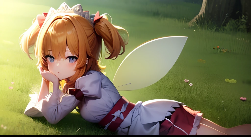 sunny milk, orange hair, two side up, short hair, headdress, red bow, white shirt, yellow ascot, juliet sleeves, wide sleeves, puffy short sleeves, sash, red skirt, fairy wings, resting, outside, resting in grass
