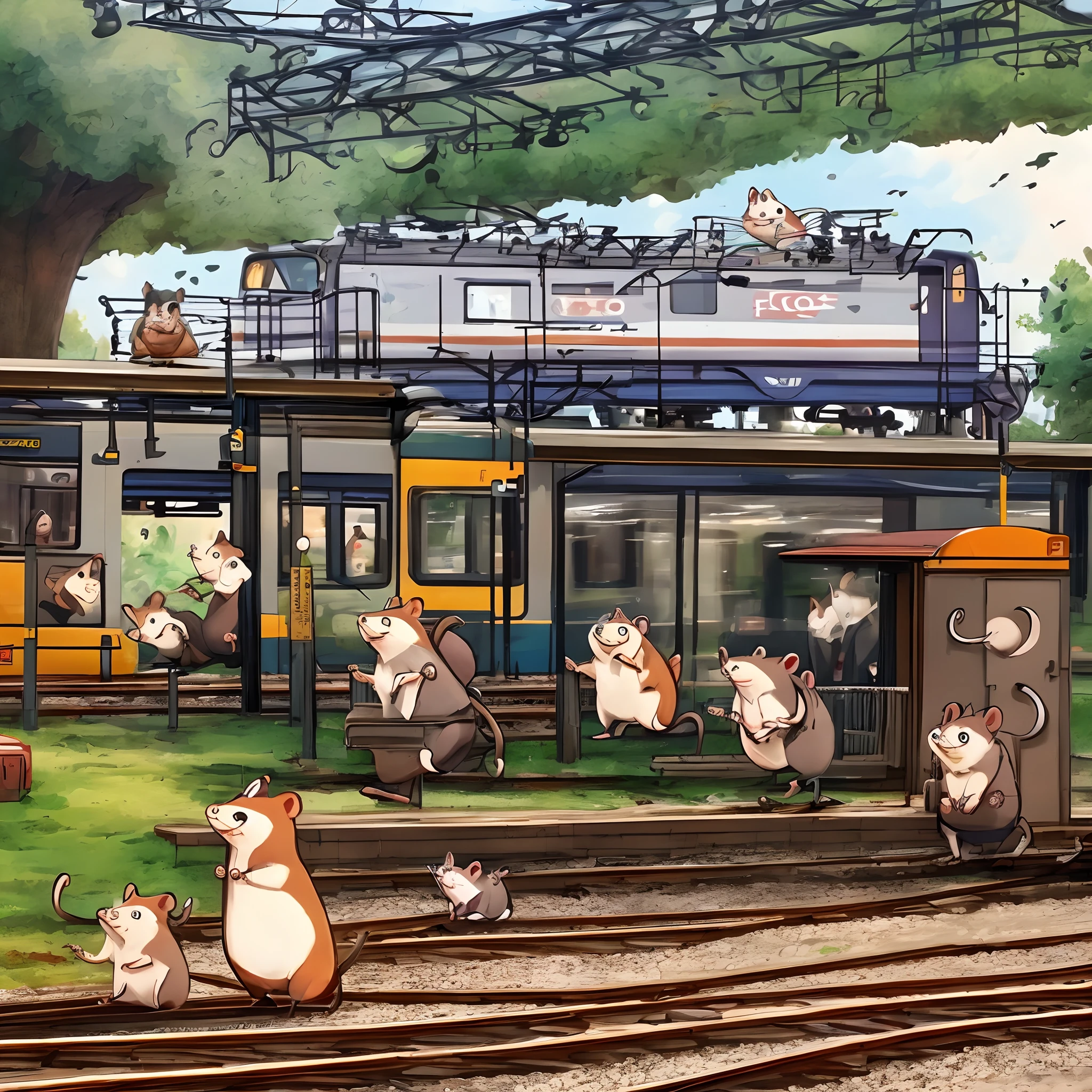 Cartoon rodents running a train station