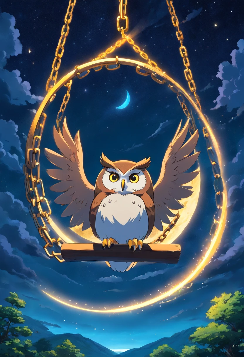 An owl swinging a heavy chain in a wide arc, surrounded by the night sky