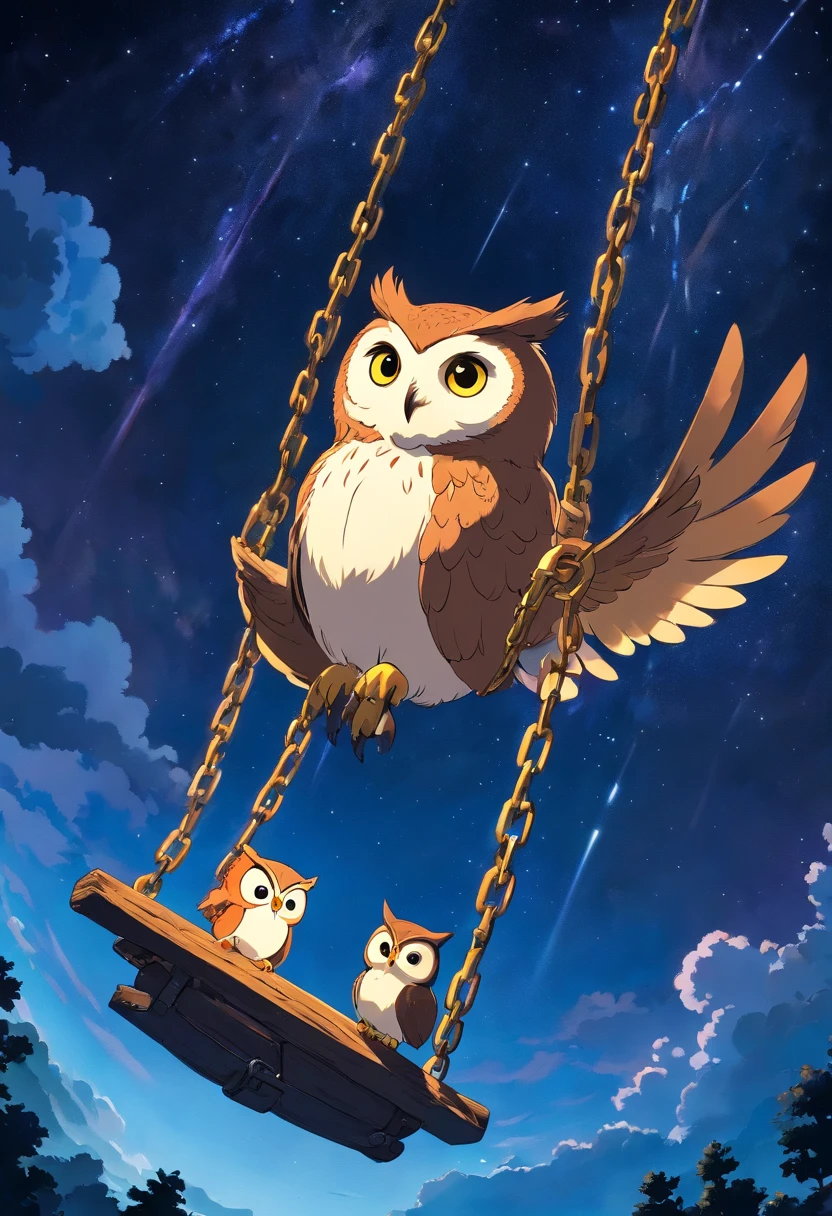 An owl swinging a heavy chain in a wide arc, surrounded by the night sky
