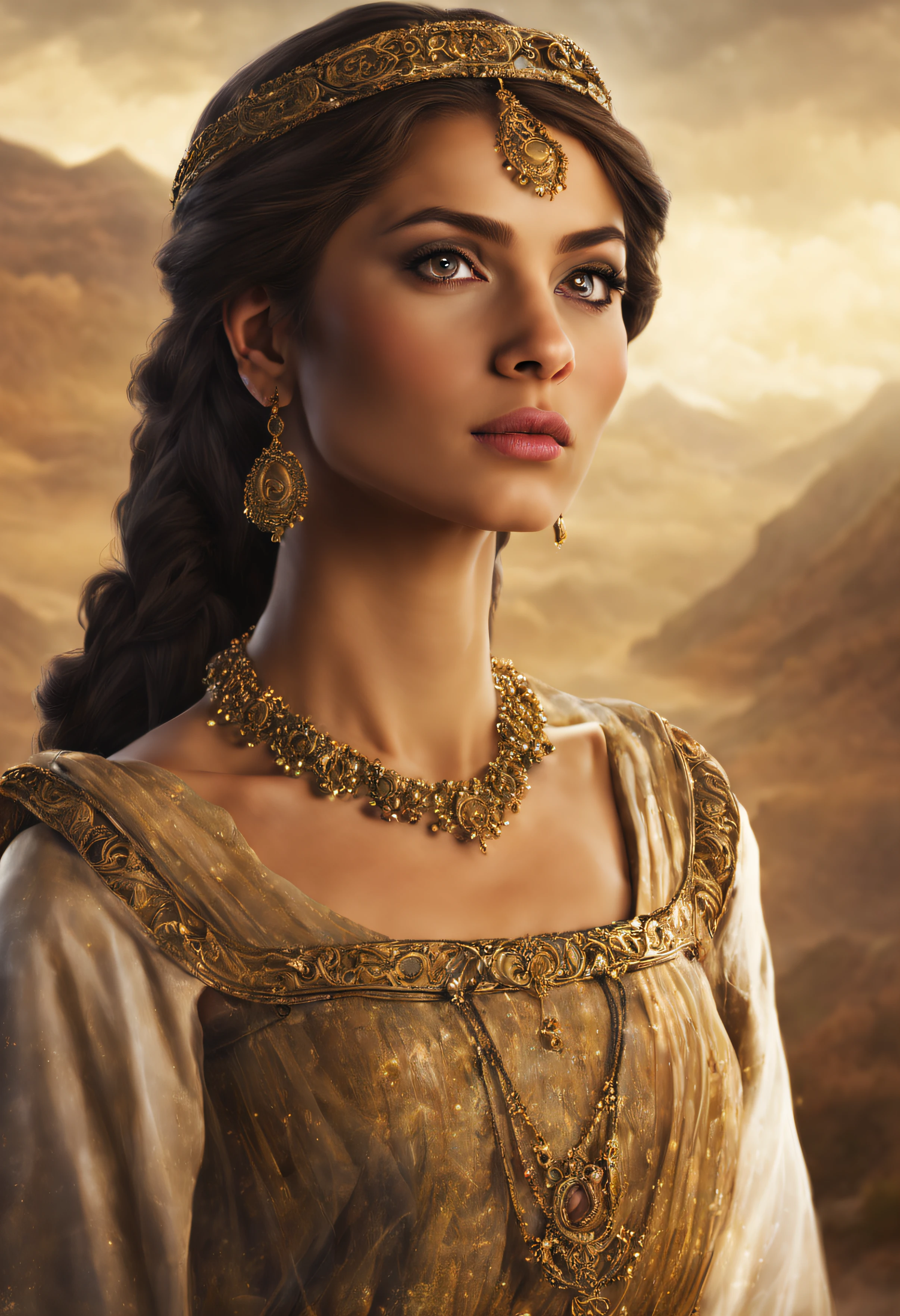 create a representative image of the biblical character Esther. Esther is an important figure of the Old Testament and is known for her beauty and courage. The image must portray it respectfully and faithfully to its description in the Bible. The image should highlight your distinctive features such as hair and clothes. Please also include a background that evokes the atmosphere of your time. Make sure the image is of high quality and conveys dignity and grace.