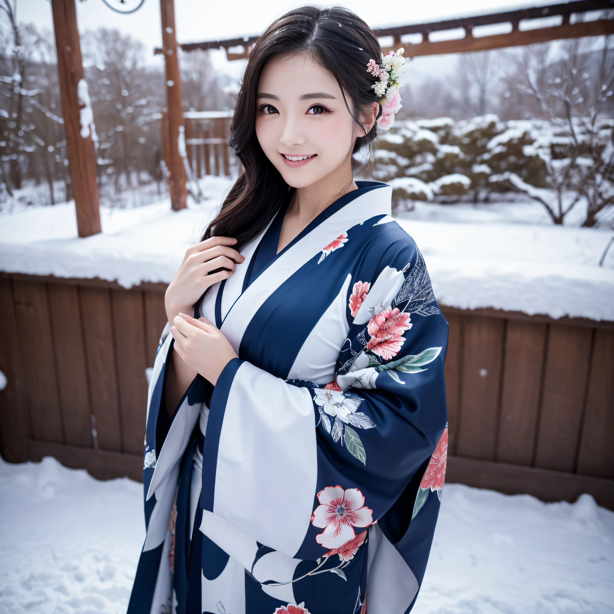 (Super beautiful woman in kimono)、((best qualtiy、8k masterpieces:1.3))、foco nítido:1.2、(ultra beautiful faces:1.0)、(shinny skin:1.0)、photos realistic、A dark-haired、Video Lighting、High-definition eyes and face、Video Lighting、Japanese actressl、from the front side、medium breasts、With a happy smile、Slender Abs Beauty、Whole body、wearing kimonos、In a snowy landscape in the middle of winter