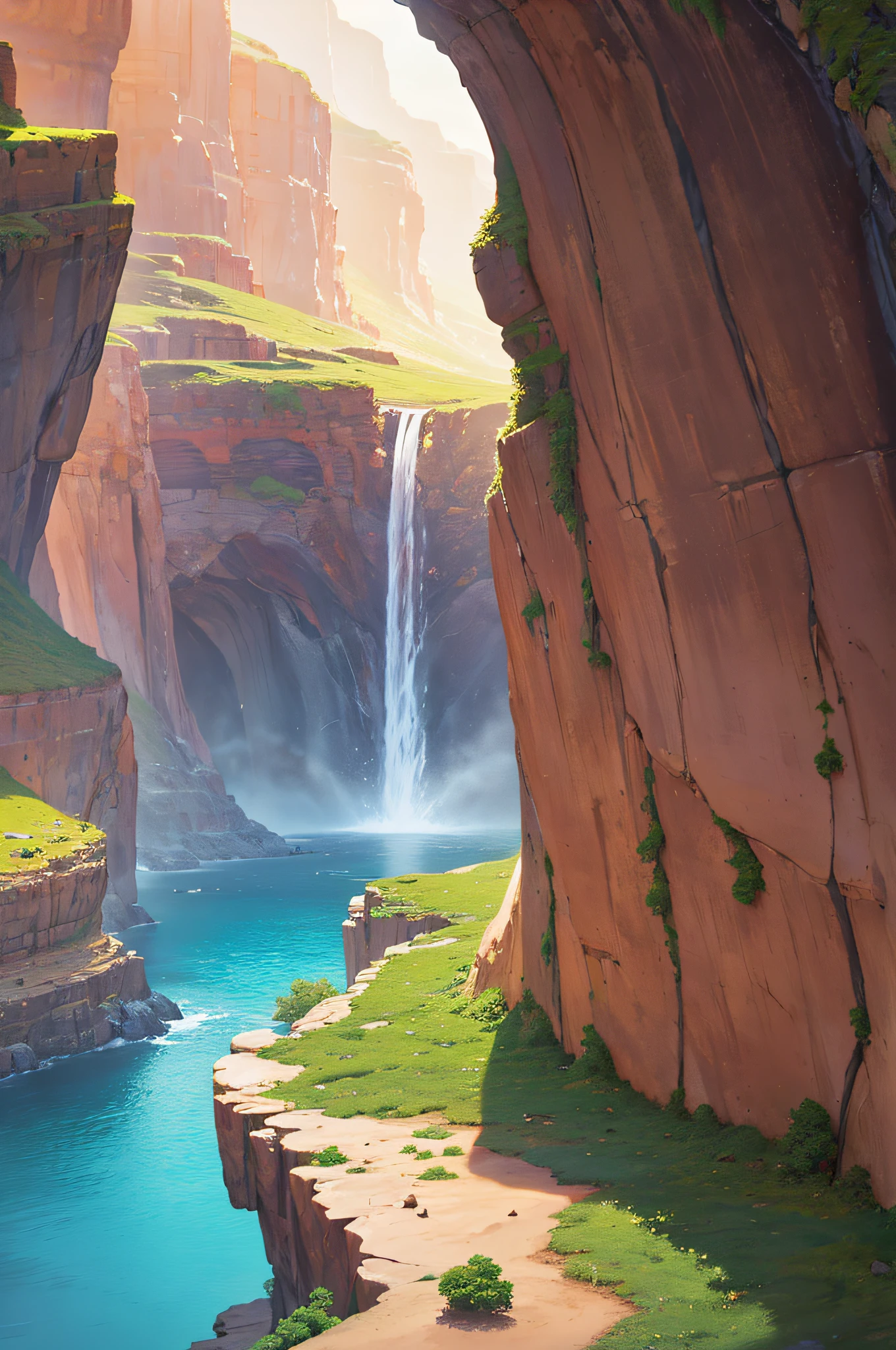 A radiant landscape with a magnificent canyon in the "linear perspective" style, a few waterfalls and vegetation gives a glimpse of this perspective