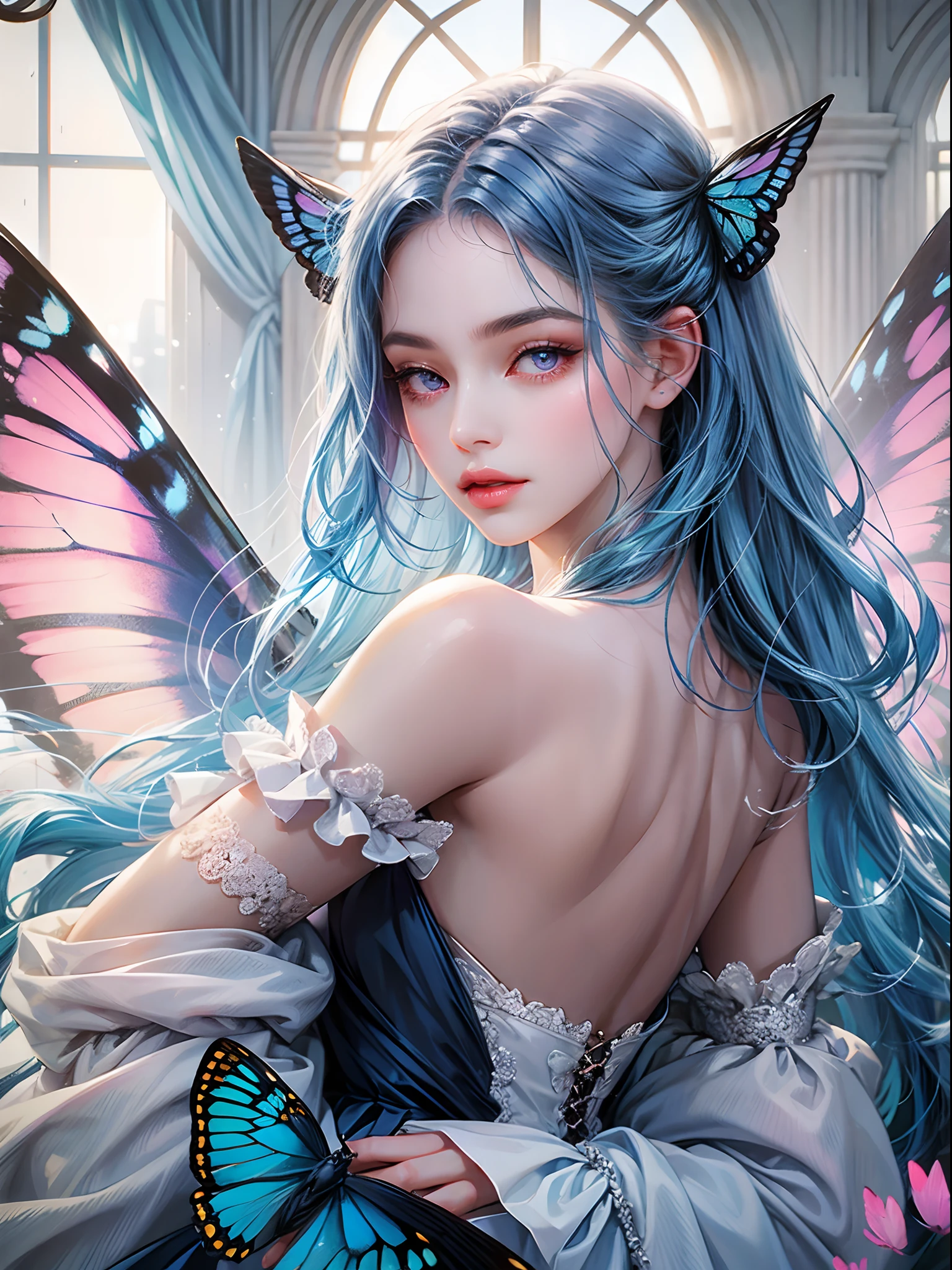 Princess girl with wing, Blue, Pastel, glitter, dramatic, dreamy, pastel, Watercolor, Whimsical, Delicate, seashell crown, Trending on Artstation, Highly detailed, Intricate, Portrait, digital painting, Fantasy theme, Fantasy robes, Fantasy concept art, Fantasy character art, Smug, Teenage girl, perfect body, full body, dreamy, pastel, Watercolor, Whimsical, Delicate, seashell crown, art by loish and lois van baarle, Trending on Artstation, Highly detailed, Intricate, Portrait, digital painting, fabulously beautiful fairy elf, luminous wings, cute, 8k, ((masterpiece)), (best quality), (detailed), Beautiful, big, lovely eyes, Beautiful, goddess, nature girl, queen, Hyper realistic, HD, cards