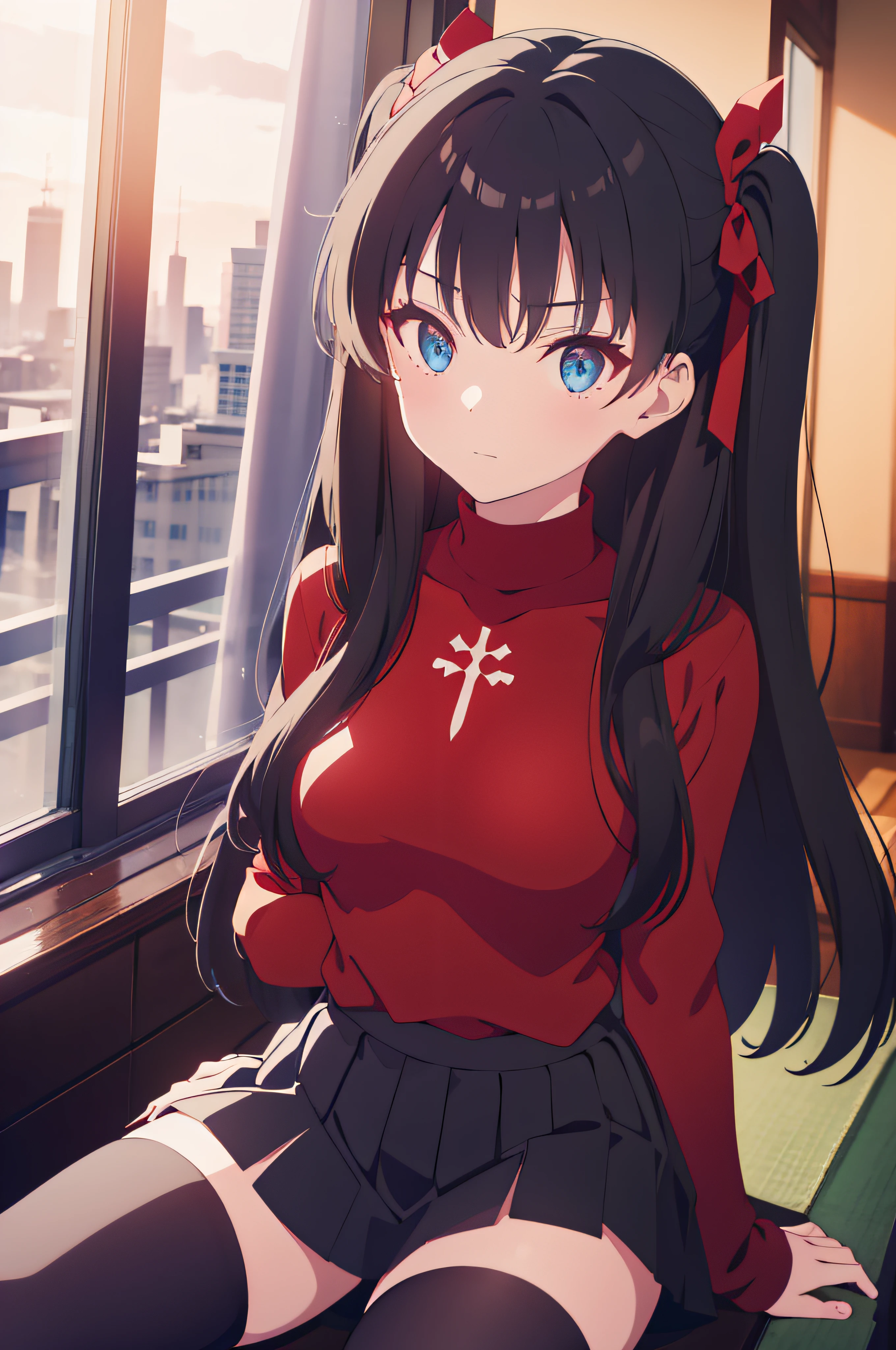 (masterpiece), best quality, expressive eyes, perfect face, 1girl, solo, rintohsaka, rin tohsaka, aqua eyes, black hair, hair ribbon, long hair, ribbon, sidelocks, two side up, black skirt, black thighhighs, long sleeves, miniskirt, pleated skirt, ((red sweater)), skirt, sweater, thighhighs, turtleneck, city background, sitting, character sheet, upper body, portrait, looking at viewer