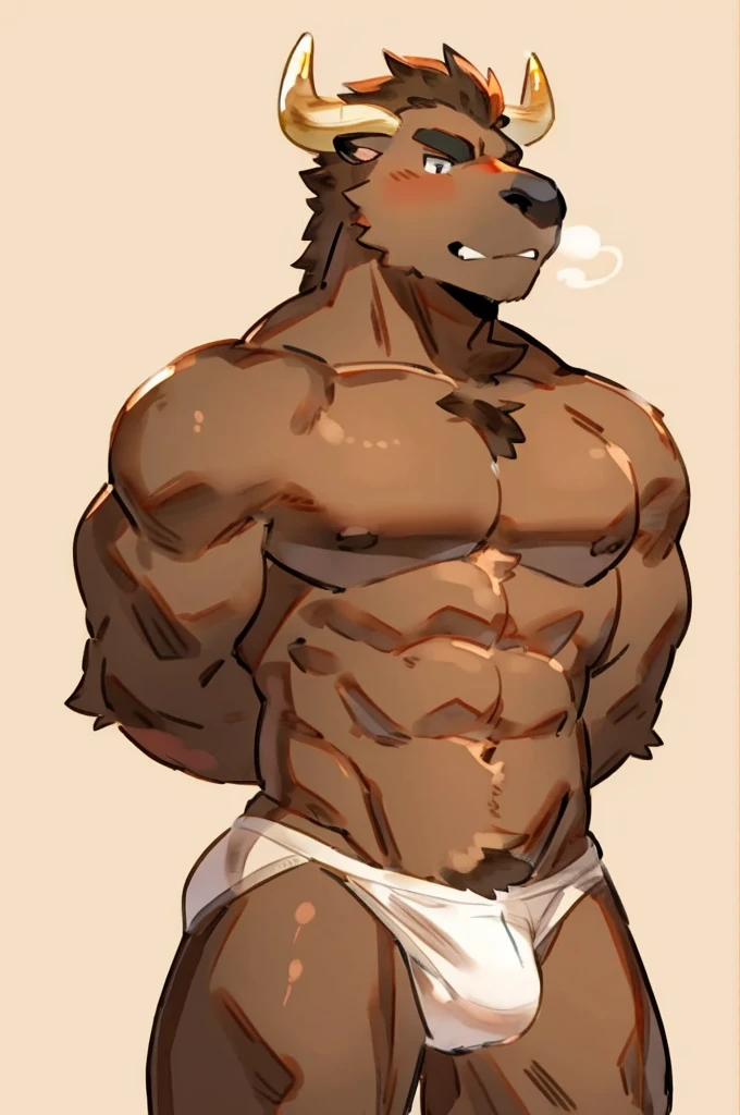 Furry, Anthro, Bison, Male, E621, Standing, Muscular, Hands behind back, Wearing underwear, Plain background, Front view, Dark skin, by buta99