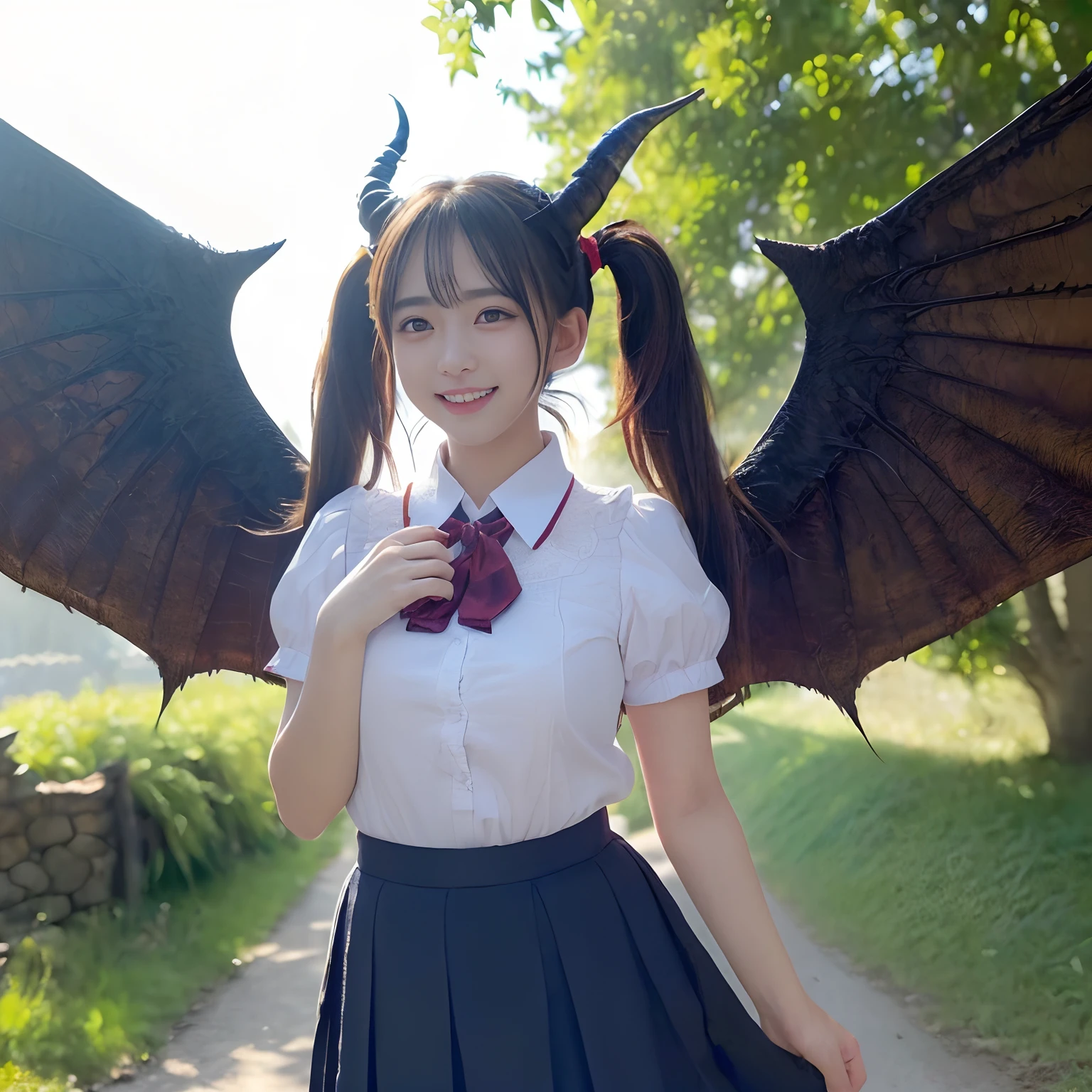 (((masutepiece、top-quality)))((1 girl、White short-sleeved shirt、Red ribbon on chest、Navy skirt、high-school uniform))、((Huge and intricate demon wings,Wings with a very elaborate texture,Wings with a very complex texture,Creature wings with a very realistic texture,Wings with the most exquisite texture、Perfectly reproduces the texture of creepy feathers、Very flaky and detailed wing texture、Wings of a terrifying monster,Terrible and ugly wings、The most terrifying wings、Wings with unimaginably complex textures、The most terrifying and creepy wings、Huge, Lumpy devil's horns、Corners of the most complex textures、Photorealistic Devil's Wings、Photorealistic Devil's Horns、The most terrifying devil's wings、Unimaginably terrifying wings、Big Devil's Horn,Realistic and big horns,Very complex and terrifying demon horns、Creepy horns,Horn with a very elaborate texture、Terrible and ugly horns、((The background is the route to school、Walking along the school route surrounded by nature、Walking on the way to school))、8K,An ultra-high picture quality,The most beautiful idol faces,The biggest smile staring at the camera、Happy smiling face、pregnant、美丽的面容、Beautiful teeth、natural make up、Natural bright lighting、Twin-tailed、Beautiful twin tails、Super Detail Wing、spectacular movie lighting、A slender、Emphasis on chest bulge、bulky, Complex wings