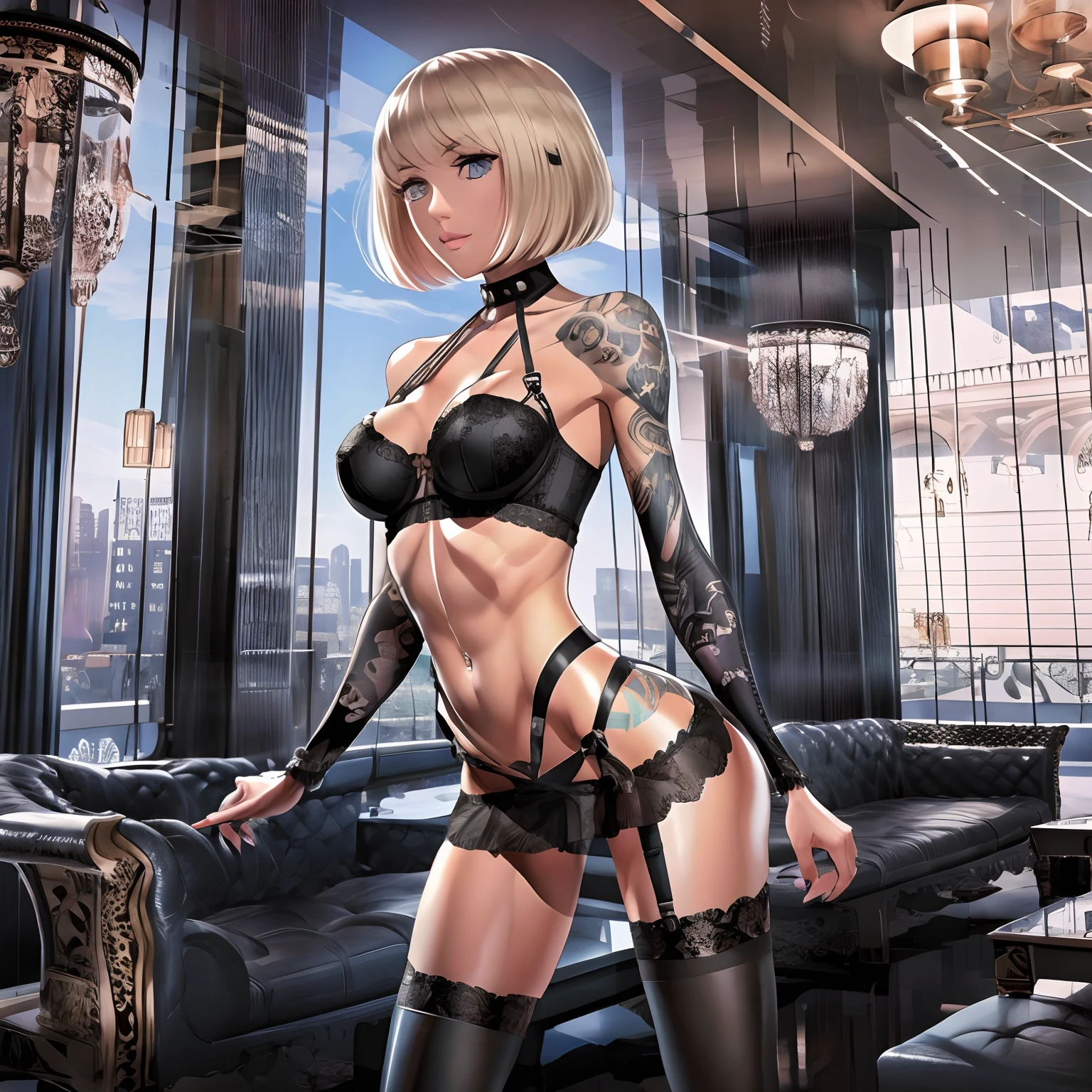 tan Caucasian woman, surrealism, 40 years old, lingerie, sexy pose, location floor to ceiling window inside sky scraper, night scene, night scape, city lights, mini skirt, black sexy bra, black fishnet stockings attached to garter belt, halter top,harness garter belt, confident pose, perfect large breast, thin waist, pose facing toward camera, face camera, back arched, pose showing breasts and stomach, bob haircut, bob cut with bangs, straight cut bangs, blonde, blonde hair color, multiple ear piercing, perfect body, surreal. Junji ito style. Full tattoo sleeves, tattoo on sternum, tattoo on stomach with year “1989”, snake tattoo around breasts, ripped abs, 6 pack abs, strong bodybuilder physique, large quadricep muscles, lighting from behind and above, stars in sky background, seductive