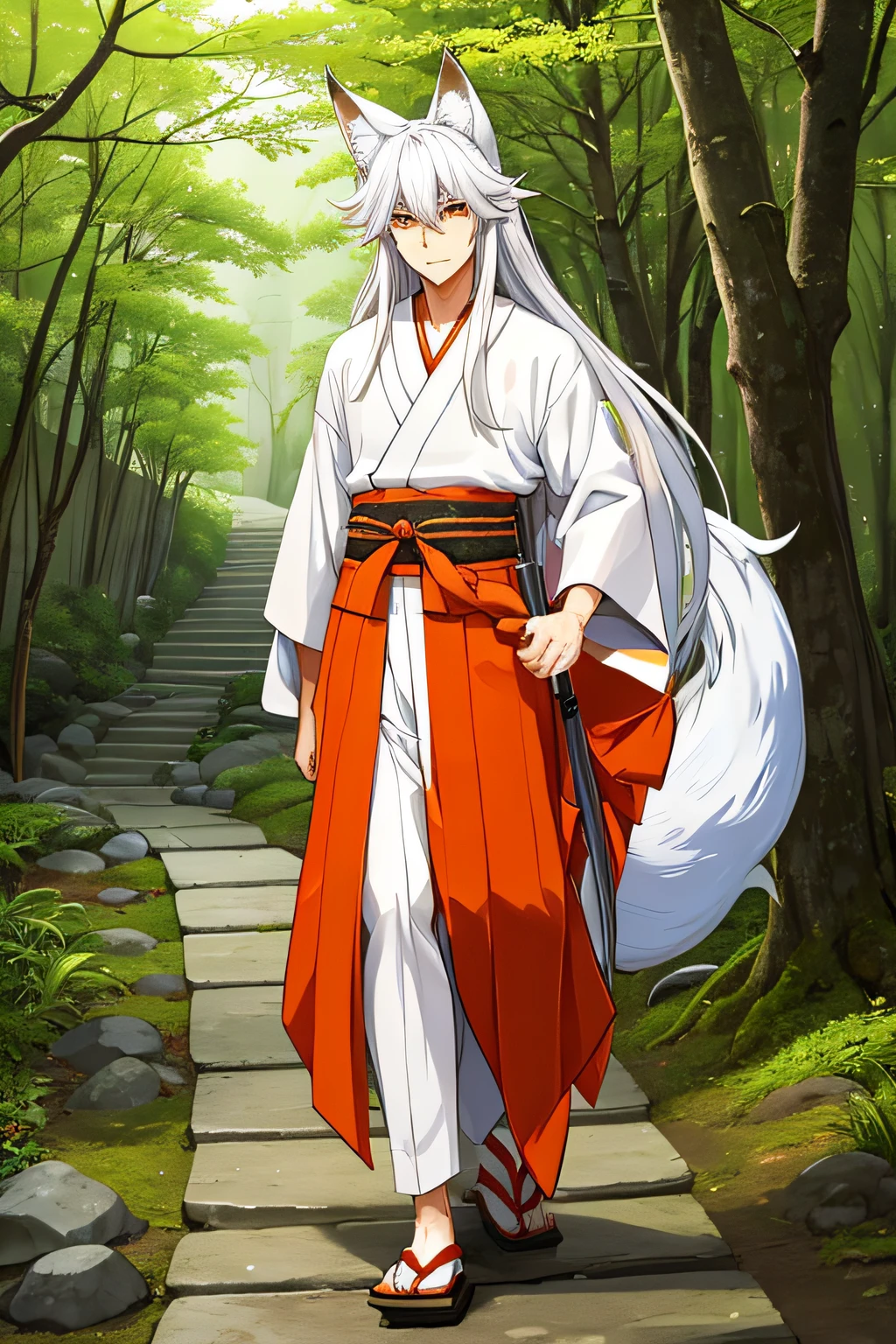 Tall Male kitsune, Fox ears, one fox tail, dressed in an orange haori, white hakama and green kimono, holding a Japanese umbrella, long silver hair with a red strand, rain and a maple forest in the background, walking along a rocky path, behind a Japanese arch