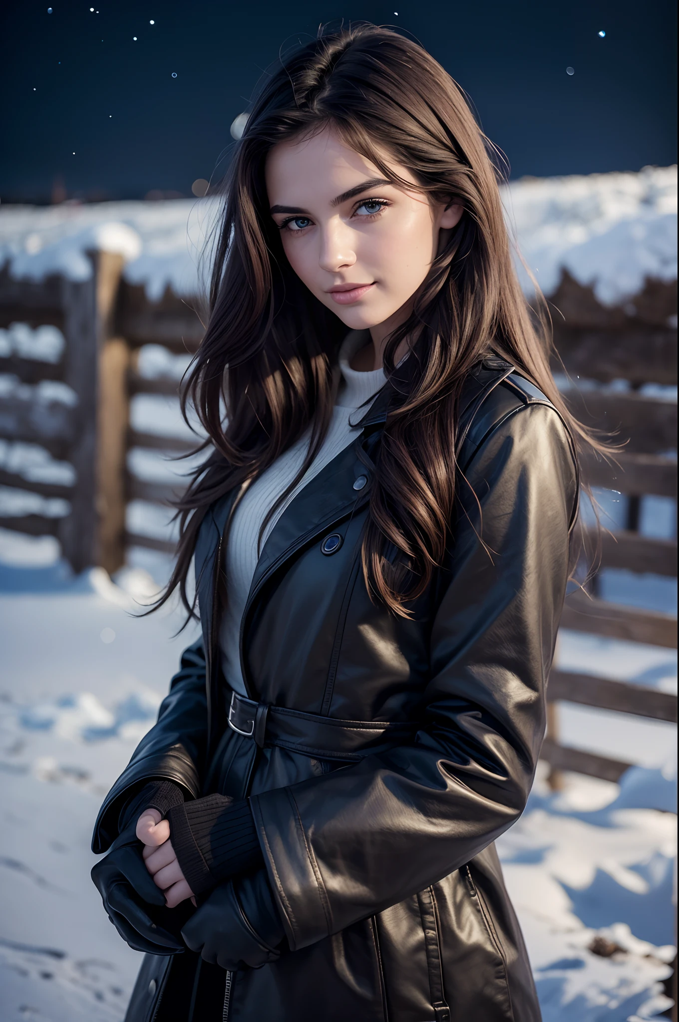 night photography, in the countryside, under the winter starry sky,
1 gorgeous woman,
23 ans,
subtle smile,
flirts with the camera,
she’s a model, sensual pose,
(European girl:1.2), (random hair:1.3),
(Realistic hair:1.2),
(realistic eyes:1.2),
(Beauty face:1.3),
perfect body,
perfect hands,
Kodak gold 200,
National Geographic style, medium shot,
Best quality, ultra highres, (photoreallistic:1.4), 8k,