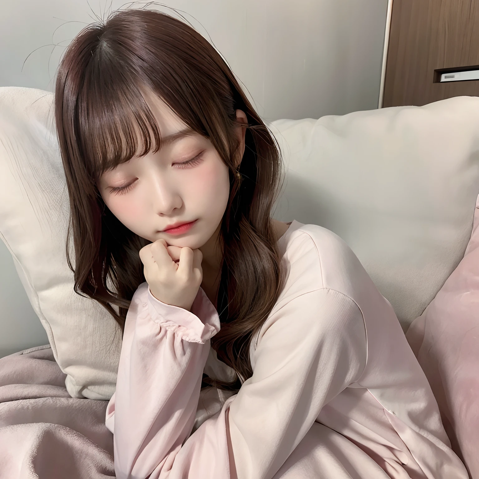 girl sleeping、22 years old、逼真、Wearing pink pajamas、Has black hair。insertion、Female genitals、masturbation