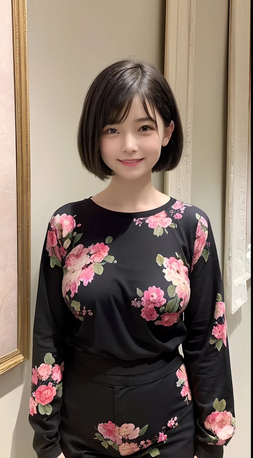 92
(a 20 yo woman,is standing), (A hyper-realistic), (masutepiece), ((short-hair:1.46)), (Smooth black hair), (Breast:1.0), wear long pants, (Wearing a long-sleeved shirt with a floral print), (painterly、picture frame), (kindly smile), (Keep your mouth shut)