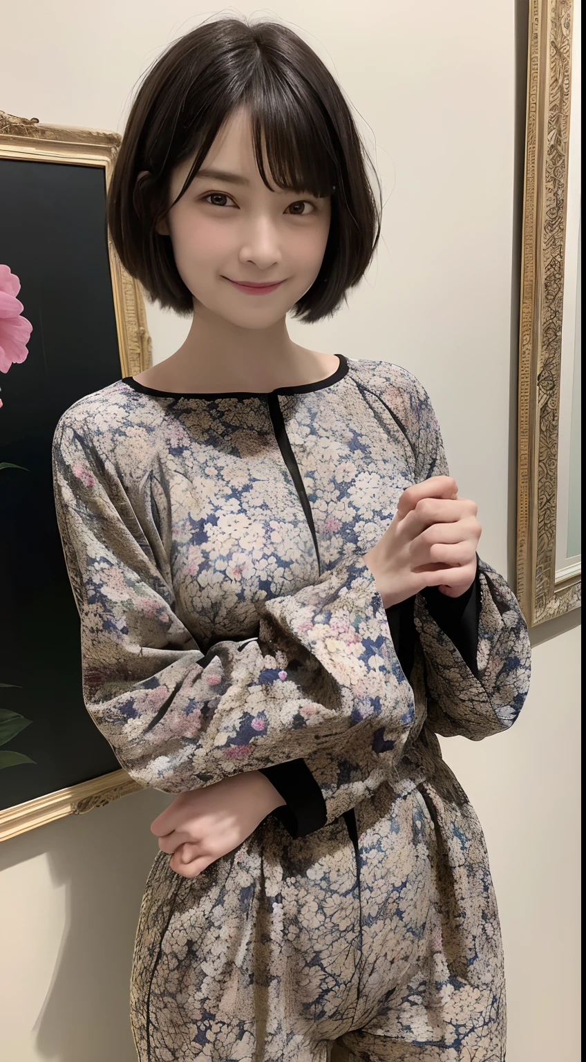 92
(a 20 yo woman,is standing), (A hyper-realistic), (masutepiece), ((short-hair:1.46)), (Smooth black hair), (Breast:1.0), wear long pants, (Wearing a long-sleeved shirt with a floral print), (painterly、picture frame), (kindly smile), (Keep your mouth shut)