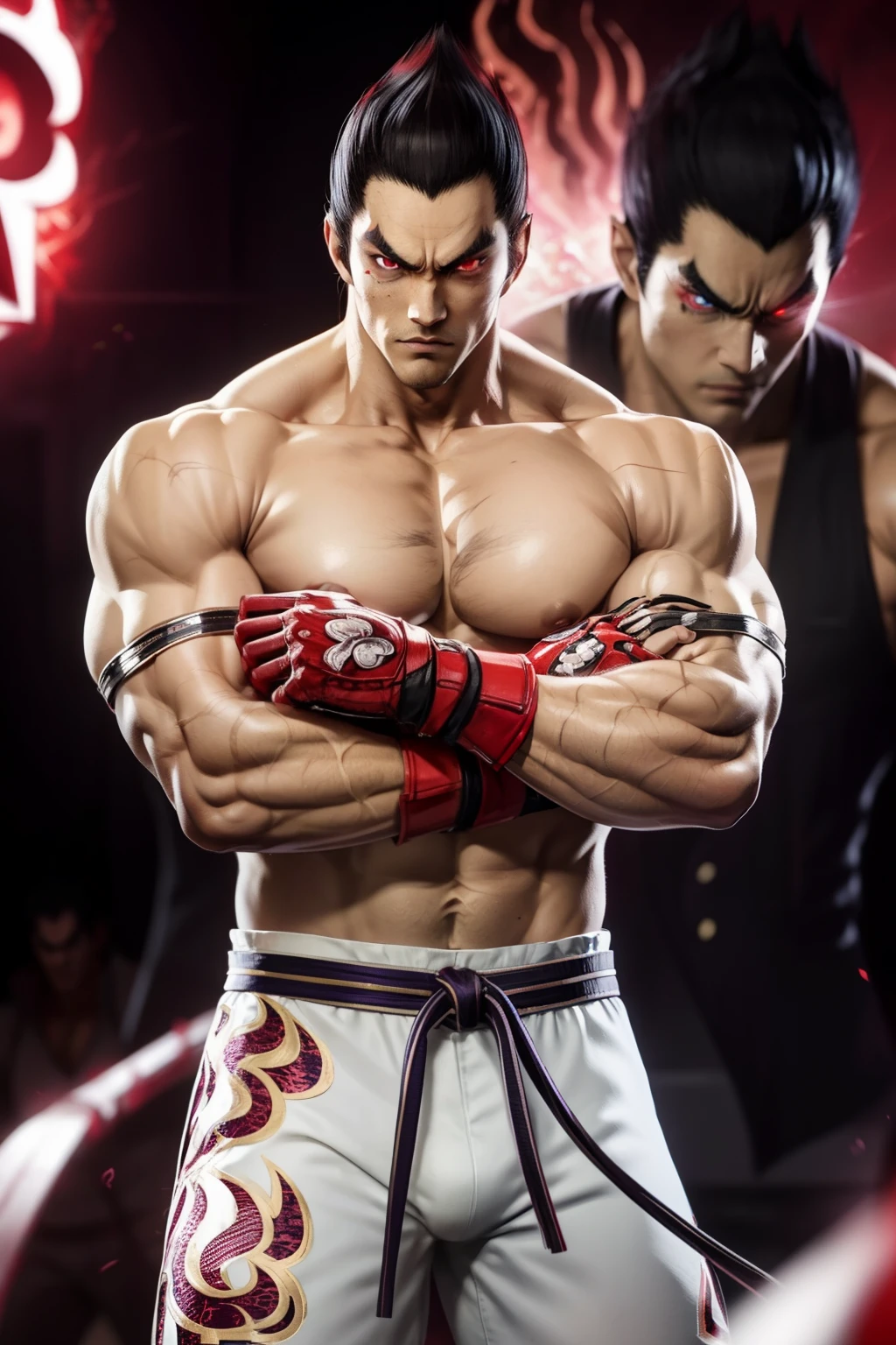 Kazuya Nishima as a male from tekken, big clevage, pointy hair, battle pose,(one red eye glowing and one black eye, ),  eyes with different colors, heterocromia,micro tube top, white pants, red gloves, muscular