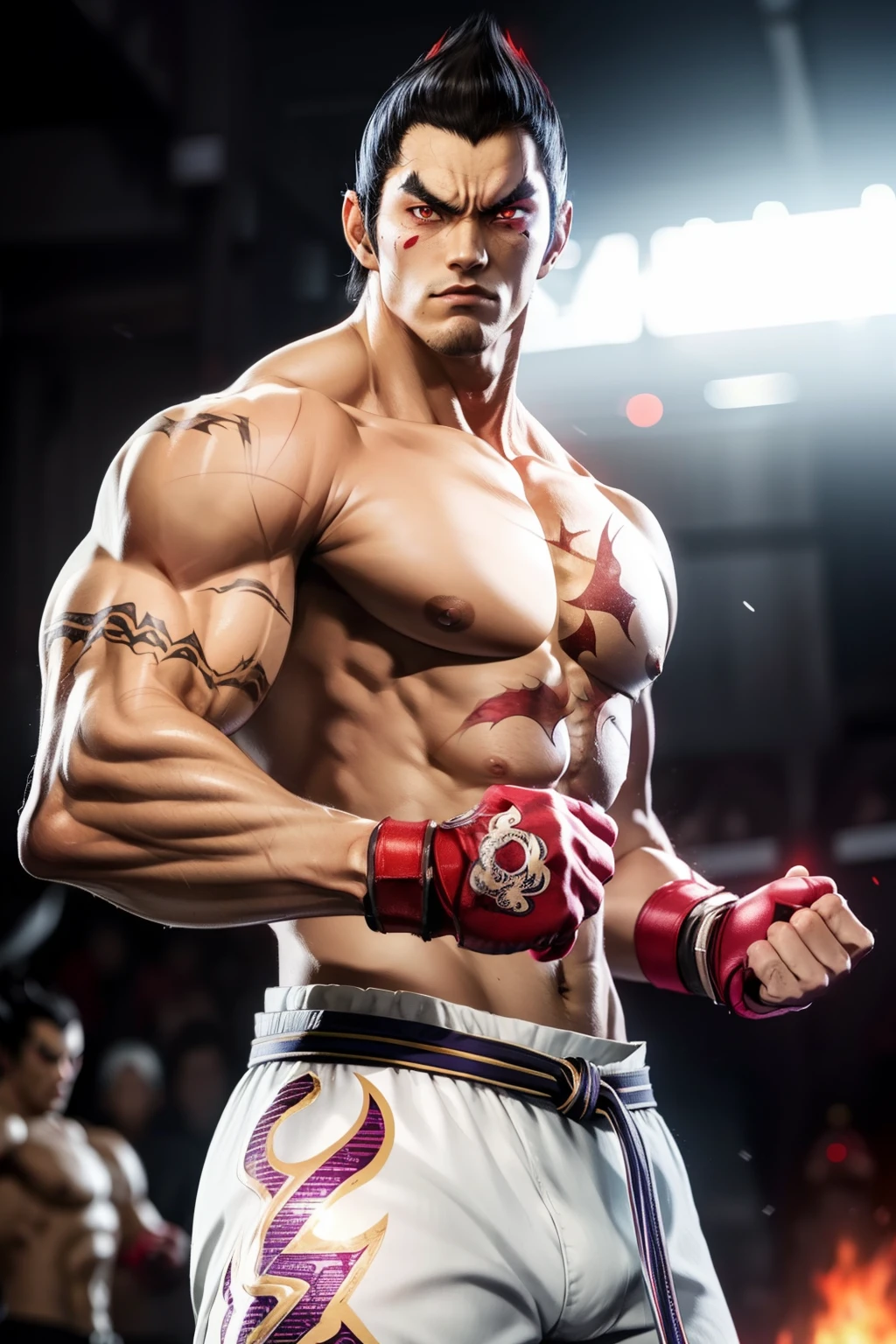 Kazuya Nishima as a male from tekken, big clevage, pointy hair, battle pose,(one red eye glowing and one black eye, ),  eyes with different colors, heterocromia,micro tube top, white pants, red gloves, muscular