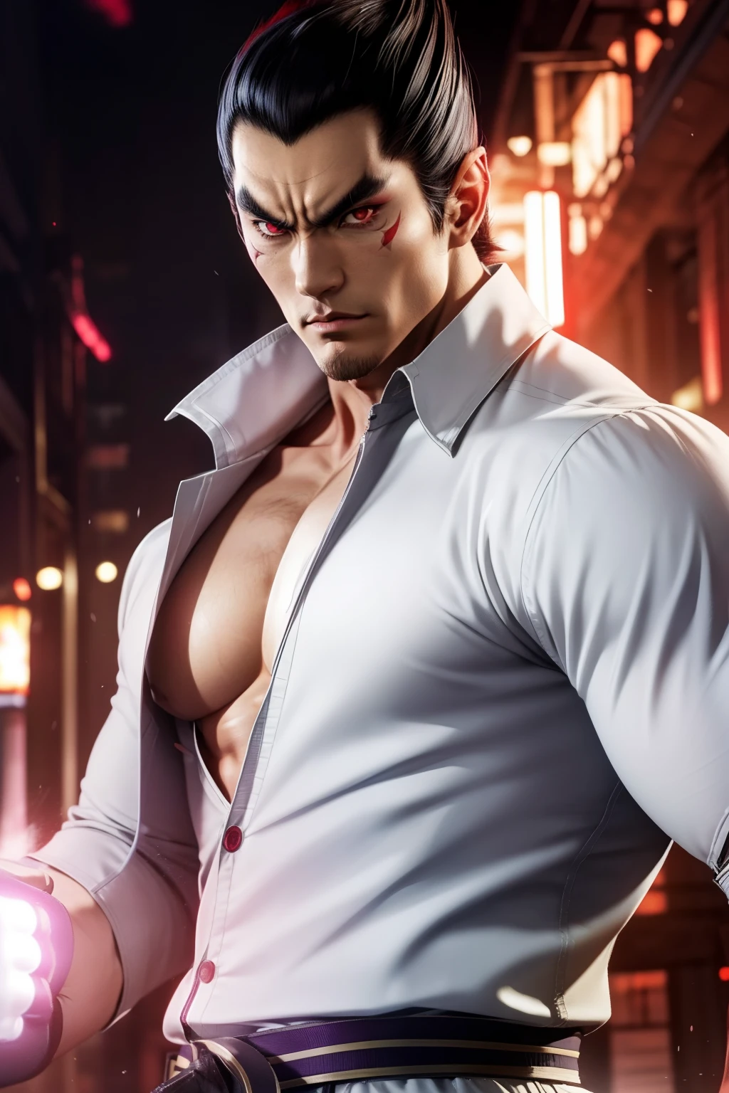 Kazuya Nishima as a male from tekken, big clevage, pointy hair, battle pose,(one red eye glowing and one black eye, ),  eyes with different colors, heterocromia,micro tube top, white pants, red gloves, muscular