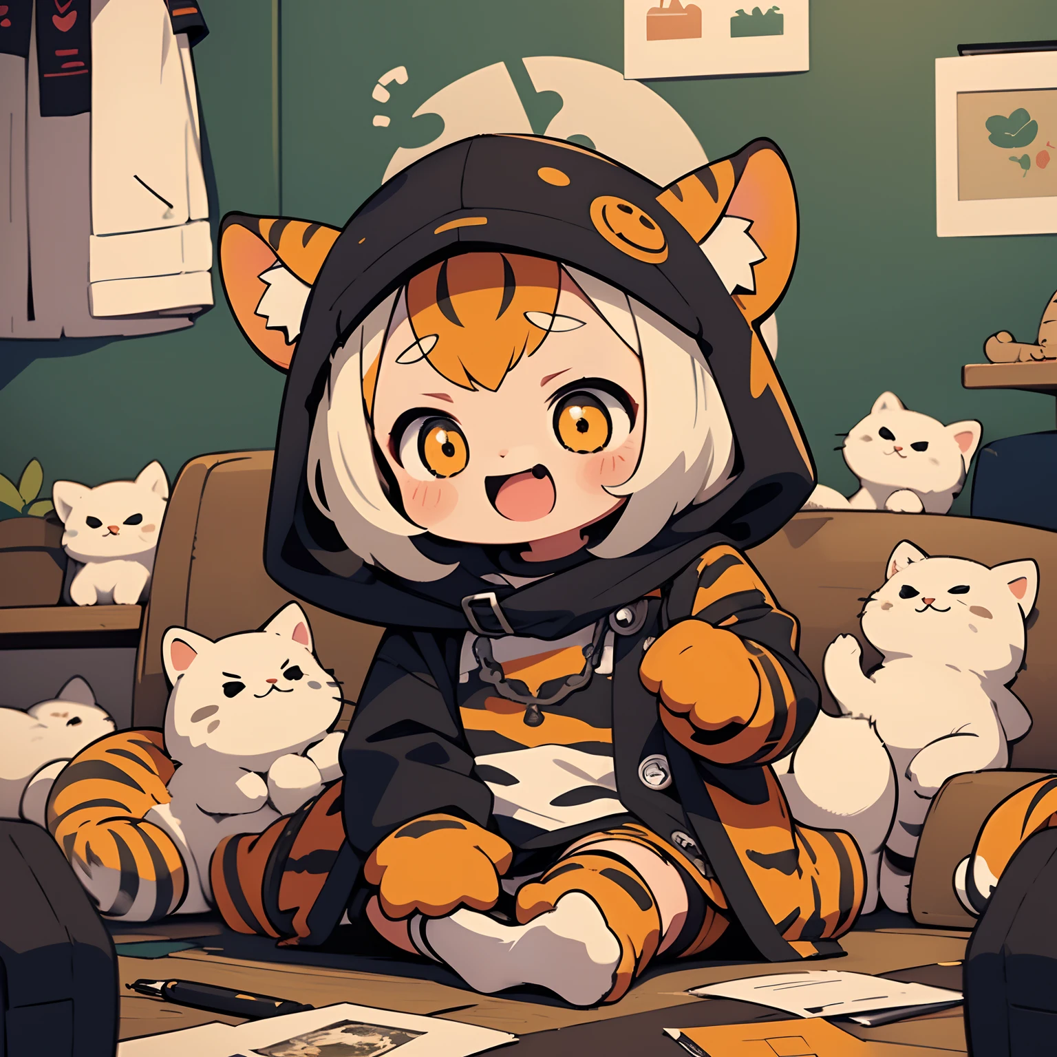 (masterpiece),a tiger-like cute girl,(take off her clothes)(take off her clothes)(take off her clothes)(child),chibi,cat ears,(with bright and happy expressions), spread legs,fullnude、best picture quality and detail,(little guy,chibi),perfect hands, accurate drawing,