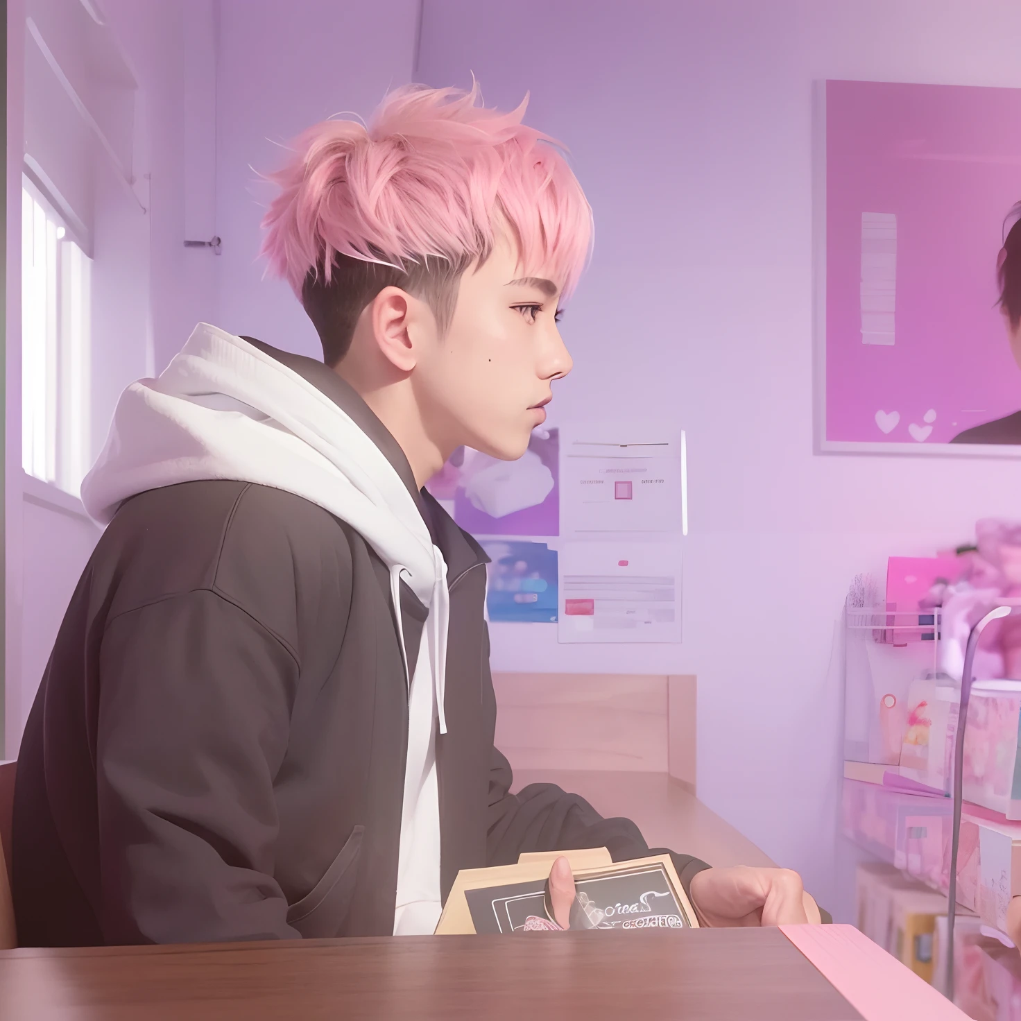 A teenage boy with realistic pink and black hair, realistic thin black hair, exactly the same hairstyle,Realistic Japanese handsome face, realistic cool expression, adapt exact same clothes, realistic black and white hoodie, realistic light, realistic shadows, realistic background,Holding a realistic book