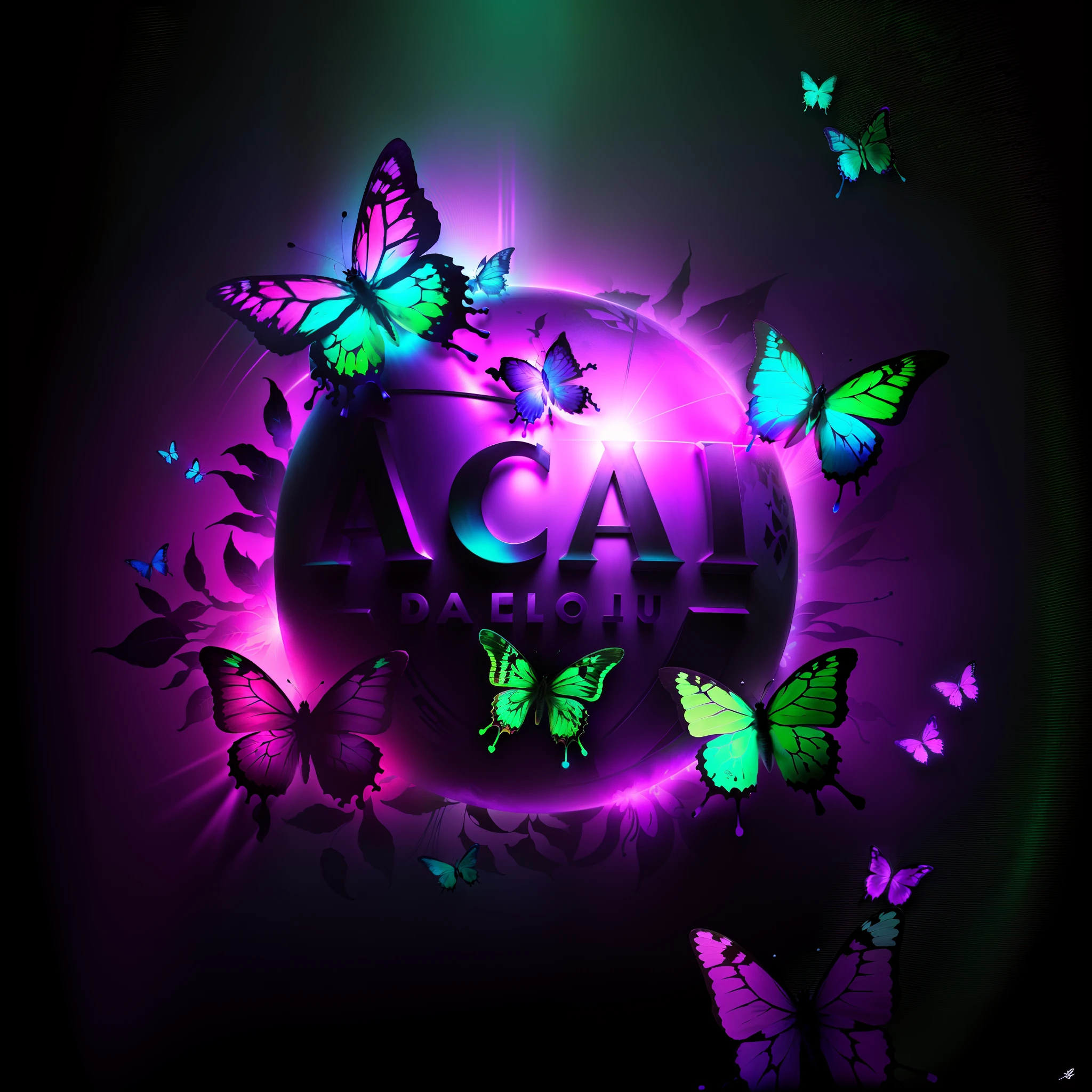 Purple and green butterflies around a lilac ball with the word asal, borboletas brilhantes, background with neon lighting, butterfly lighting, borboletas e raios solares, arte oficial, neon background lighting, arte de fundo, fundo noturno opalescente, dark neon colored rainforest, arte digital muito bonita, Blacklight Poster, neon lights in background, arte promocional, vetor escuro colorido, Blacklight