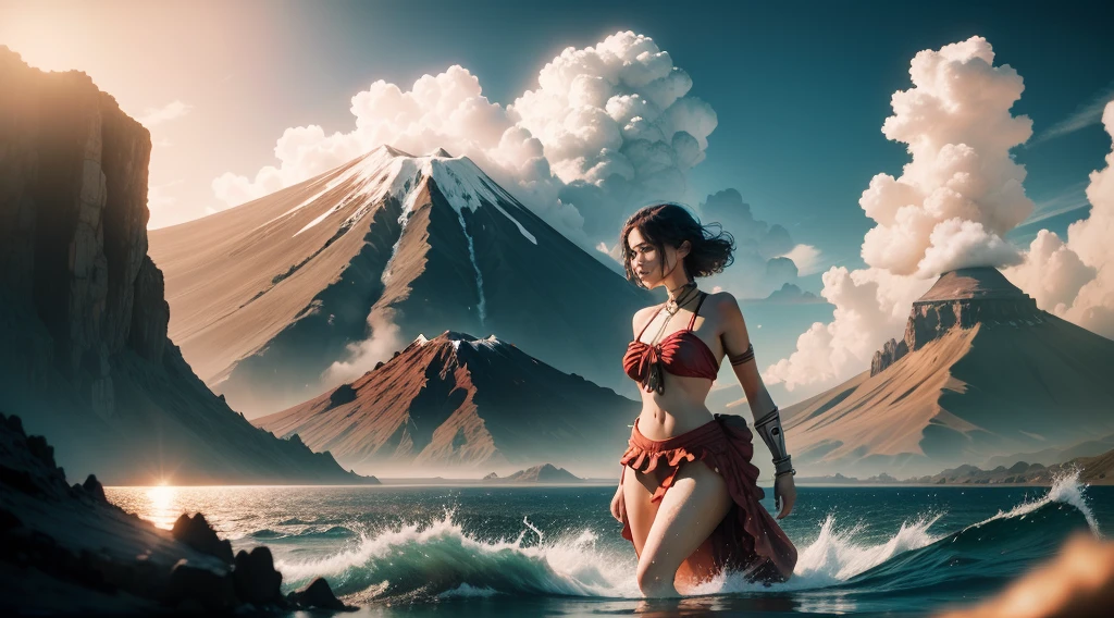 epic movie poster, volcano erupting, award winning (full body:1.3)character full body, (cute face:1.3), portrait photo of a (lake:1.2), (water goddess:1.2), (wading:1.2) in the pacific (ocean:1.1), (partially submerged shot:1.2), (waves:0.9), desert island background, palm trees, beach,fluffy clouds in the sky, outrun, vaporware, trending on artstation, highly detailed, fine detail, intricate, (lens flare:0.9), (backlighting:0.9), (bloom:0.9), [Style-Micro::10]