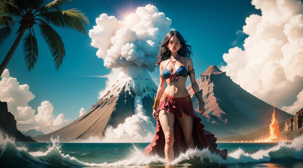 epic movie poster, volcano erupting, award winning (full body:1.3)character full body, (cute face:1.3), portrait photo of a (lake:1.2), (water goddess:1.2), (wading:1.2) in the pacific (ocean:1.1), (partially submerged shot:1.2), (waves:0.9), desert island background, palm trees, beach,fluffy clouds in the sky, outrun, vaporware, trending on artstation, highly detailed, fine detail, intricate, (lens flare:0.9), (backlighting:0.9), (bloom:0.9), [Style-Micro::10]