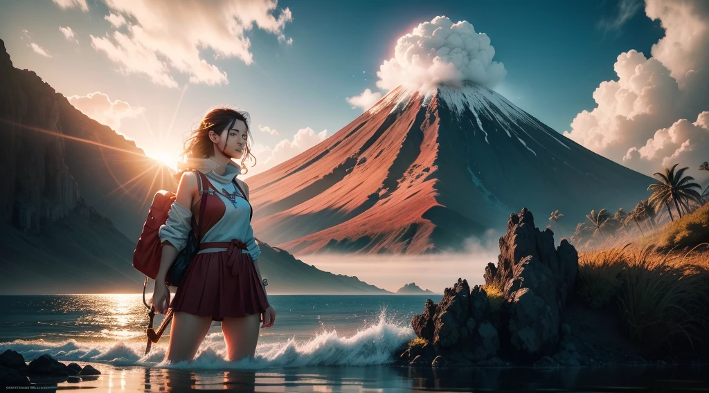 epic movie poster, volcano erupting, award winning (full body:1.3)character full body, (cute face:1.3), portrait photo of a (lake:1.2), (water goddess:1.2), (wading:1.2) in the pacific (ocean:1.1), (partially submerged shot:1.2), (waves:0.9), desert island background, palm trees, beach,fluffy clouds in the sky, outrun, vaporware, trending on artstation, highly detailed, fine detail, intricate, (lens flare:0.9), (backlighting:0.9), (bloom:0.9), [Style-Micro::10]