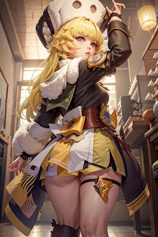 Uma garota sozinha Hook de(Honkai Star Rail), casa, interior, blonde hair, cabelo curto, olhos amarelos, fur hat, very cute expression, pernas grossas e curtas, rosto bem detalhado, raidenshogundef, raidenshogunrnd, bumbum, backview