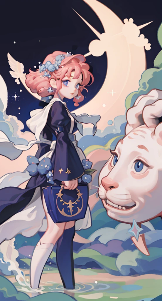 1 girl,Chibi, na noite, Estrelas, lua,sonolento, bird, Noite, olhos voadores, master part, best quality,