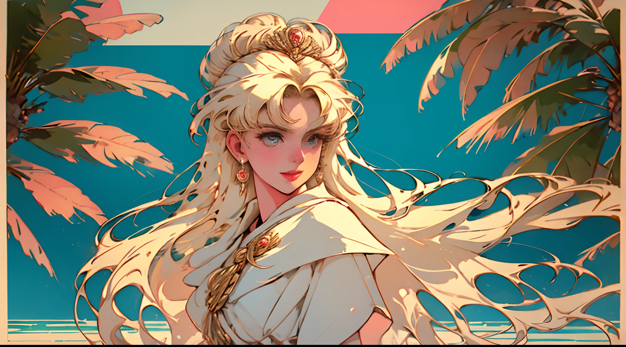 Art deco style poster featuring an elegant, poised blonde woman, her hair cascading in perfect waves, complexion as pure as fresh snow, in the suggestive tropical milieu of Cuba, coconut palms swaying in the distance, vintage pastels, high contrast, glossy texture, Havana vibes, 1950s fashion, ultra clear, feminine allure, sharp edges, geometric patterns, nostalgia-kissed colors