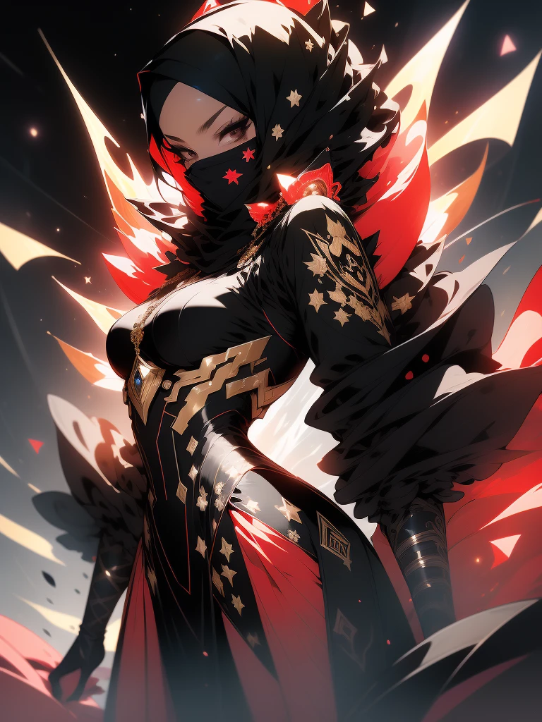 ((Best quality)), ((masterpiece)), (detailed: 1.4), (Absurd), angry princess, (((back))), (((action pose)), (((black Muslim woman wearing long red dress with gold and black ornaments face covered)))), (((burqa))), (((back))), ready for war, dark skinned, black middle eastern woman, sculptural body with defined muscles, closed mouth, muscular body covered by a Hoyoverse-style technological dress,  Honkai Impact, Geishin Impast, technological veil covering the face, Veil covering the head, whole body covered by clothing, holding two scimitars, ((small breasts)), (eyes with heavy and very black makeup without pupils), ((red and gold clothing with small black details)), (((short black hair)), (Arabic inscriptions on the arms), ((drawings of golden stars on the arms)), very long eyelashes,  heavy eye makeup, lots of jewelry, by mucha, niji --V5, close to real, psychopathic, crazy face, sexy pose, background with a giant Gundam style robot head, 2 piece clothing, diamond shoulder pads, pastel, centered, scale to fit dimensions, HDR (High Dynamic Range),Ray Tracing,NVIDIA RTX,Super-Resolution,Unreal 5,Subsurface dispersion, PBR texture,  Post-processing, Anisotropic filtering, Depth of field, Maximum clarity and sharpness, Multilayer textures, Albedo and specular maps, Surface shading, Accurate simulation of light-material interaction, Perfect proportions, Octane Render, Two-tone lighting, Wide aperture, Low ISO, White balance, Rule of thirds, 8K RAW, crysisnanosuit