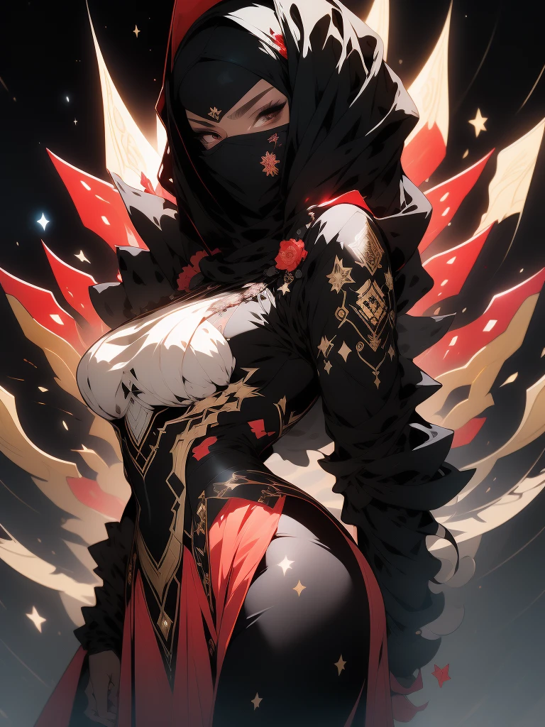 ((Best quality)), ((masterpiece)), (detailed: 1.4), (Absurd), angry princess, (((back))), (((action pose)), (((black Muslim woman wearing long red dress with gold and black ornaments face covered)))), (((burqa))), (((back))), ready for war, dark skinned, black middle eastern woman, sculptural body with defined muscles, closed mouth, muscular body covered by a Hoyoverse-style technological dress, Honkai Impact, Geishin Impast, technological veil covering the face, Veil covering the head, whole body covered by clothing, holding two scimitars, ((small breasts)), (eyes with heavy and very black makeup without pupils), ((red and gold clothing with small black details)), (((short black hair)), (Arabic inscriptions on the arms), ((drawings of golden stars on the arms)), very long eyelashes, heavy eye makeup, lots of jewelry, by mucha, niji --V5, close to real, psychopathic, crazy face, sexy pose, background with a giant Gundam style robot head, 2 piece clothing, diamond shoulder pads, pastel, centered, scale to fit dimensions, HDR (High Dynamic Range),Ray Tracing,NVIDIA RTX,Super-Resolution,Unreal 5,Subsurface dispersion, PBR texture, Post-processing, Anisotropic filtering, Depth of field, Maximum clarity and sharpness, Multilayer textures, Albedo and specular maps, Surface shading, Accurate simulation of light-material interaction, Perfect proportions, Octane Render, Two-tone lighting, Wide aperture, Low ISO, White balance, Rule of thirds, 8K RAW, crysisnanosuit