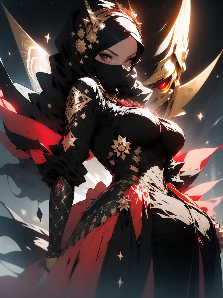 ((Best quality)), ((masterpiece)), (detailed: 1.4), (Absurd), angry princess, (((back))), (((action pose)), (((black Muslim woman wearing long red dress with gold and black ornaments face covered)))), (((burqa))), (((back))), ready for war, dark skinned, black middle eastern woman, sculptural body with defined muscles, closed mouth, muscular body covered by a Hoyoverse-style technological dress, Honkai Impact, Geishin Impast, technological veil covering the face, Veil covering the head, whole body covered by clothing, holding two scimitars, ((small breasts)), (eyes with heavy and very black makeup without pupils), ((red and gold clothing with small black details)), (((short black hair)), (Arabic inscriptions on the arms), ((drawings of golden stars on the arms)), very long eyelashes, heavy eye makeup, lots of jewelry, by mucha, niji --V5, close to real, psychopathic, crazy face, sexy pose, background with a giant Gundam style robot head, 2 piece clothing, diamond shoulder pads, pastel, centered, scale to fit dimensions, HDR (High Dynamic Range),Ray Tracing,NVIDIA RTX,Super-Resolution,Unreal 5,Subsurface dispersion, PBR texture, Post-processing, Anisotropic filtering, Depth of field, Maximum clarity and sharpness, Multilayer textures, Albedo and specular maps, Surface shading, Accurate simulation of light-material interaction, Perfect proportions, Octane Render, Two-tone lighting, Wide aperture, Low ISO, White balance, Rule of thirds, 8K RAW, crysisnanosuit