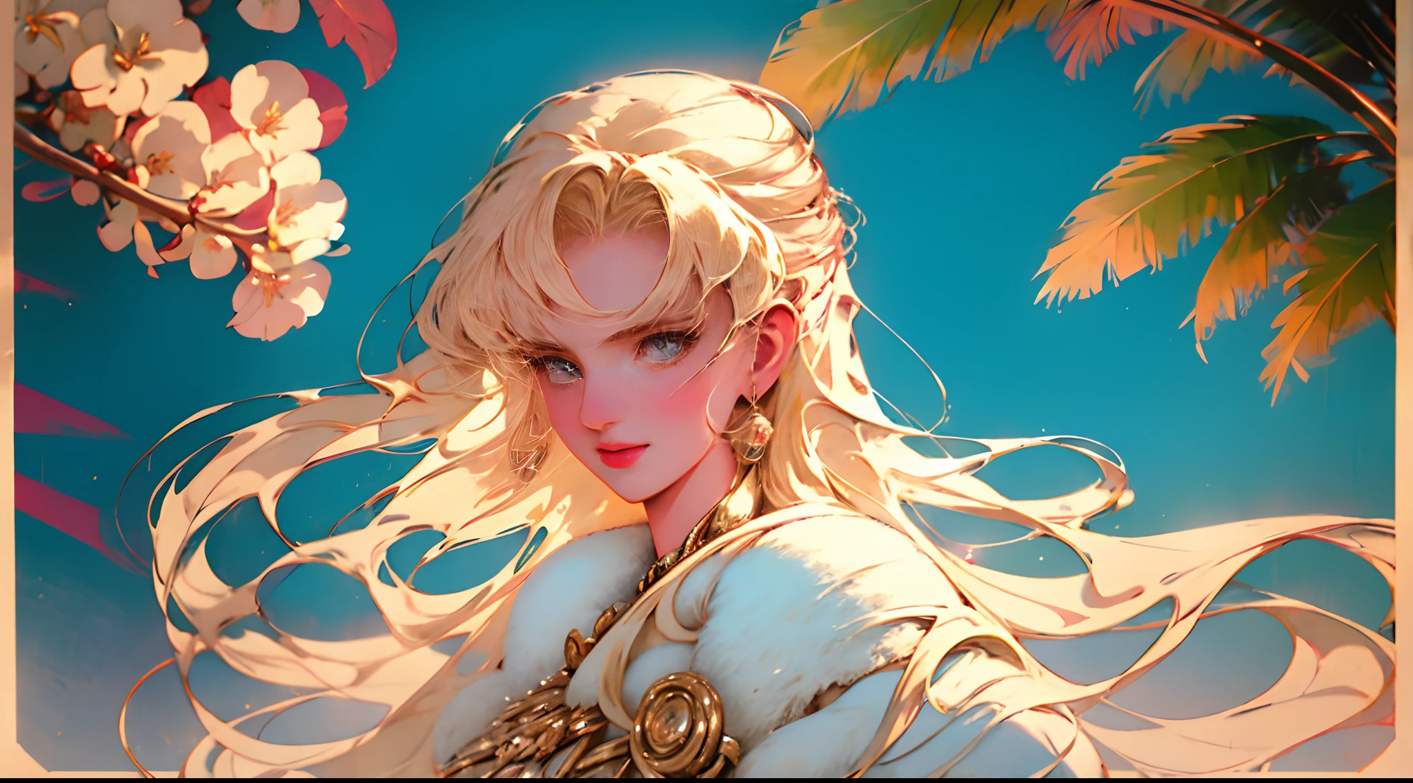 Art deco style poster featuring an elegant, poised blonde woman, her hair cascading in perfect waves, complexion as pure as fresh snow, in the suggestive tropical milieu of Cuba, coconut palms swaying in the distance, vintage pastels, high contrast, glossy texture, Havana vibes, 1950s fashion, ultra clear, feminine allure, sharp edges, geometric patterns, nostalgia-kissed colors