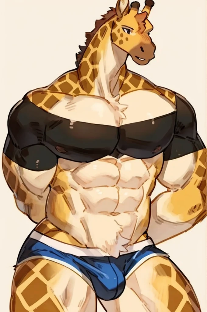 Furry, Anthro, giraffe, Male, E621, Standing, Muscular, Hands behind back, Wearing Boxer shorts, Simple image background, Front view, Yellow skin, by buta99