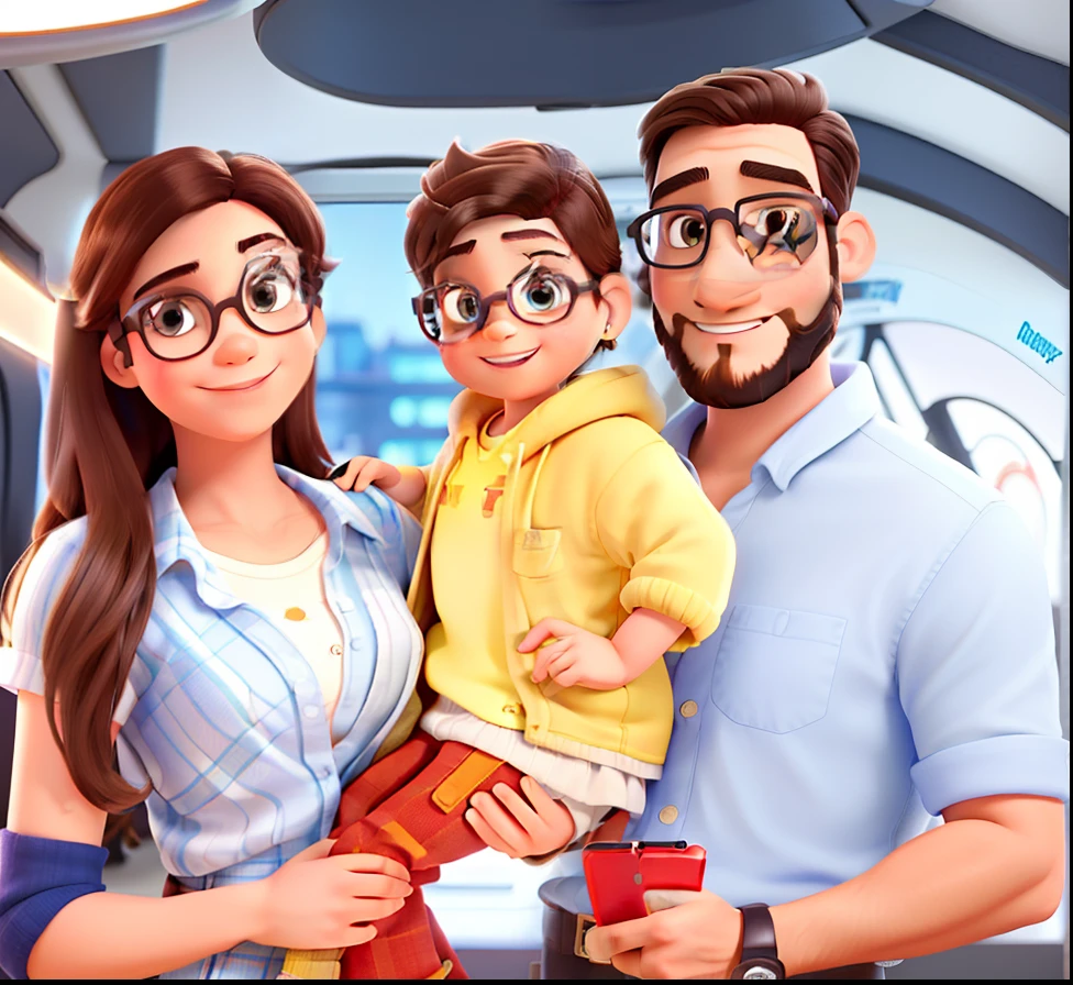 One fun family, com um homem de cabelo amarrado e barba com um celular , a brunette woman and a 3-year-old boy with glasses, dentro do elevador iluminados por uma luz , it's Disney Pixar style, with great quality, melhor qualidade