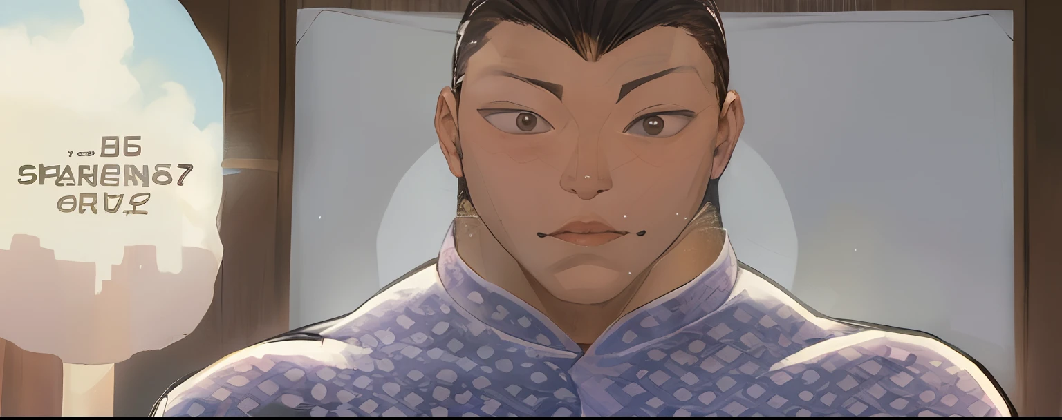 Una caricatura de un hombre con una mirada de sorpresa en su rostro, Su retrato manga, Estilo manga de Kentaro Miura, cicatrices en la cara, fondo dojo.