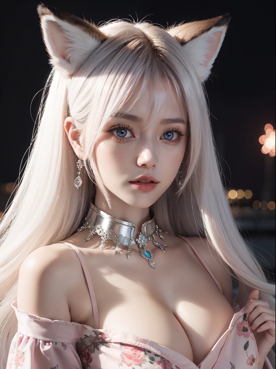 Miss Fox Demon,T-shirt wraps around your neck,High collar、High collar、High collar、High collar、High collar、High collar、Fox Devil Fox Ears White Hair Girl,You can overlook the night view of Chang'an,Sexy and feminine,sit pose,Fluffy fox ears,fox tails,No ears,Reddish tones,Gorgeous fireworks background,Pink floral maxi dress,Beauty with only fox ears,Cover chest,Clan girls,Fox's eye,Enchanted,Charming,16 K, best qualtiy, tmasterpiece, 1womanl, , Raised sexy, Highly detailed face and eyes, professional make up, ,, glow blue eyes,Girl with white hair with fox ears