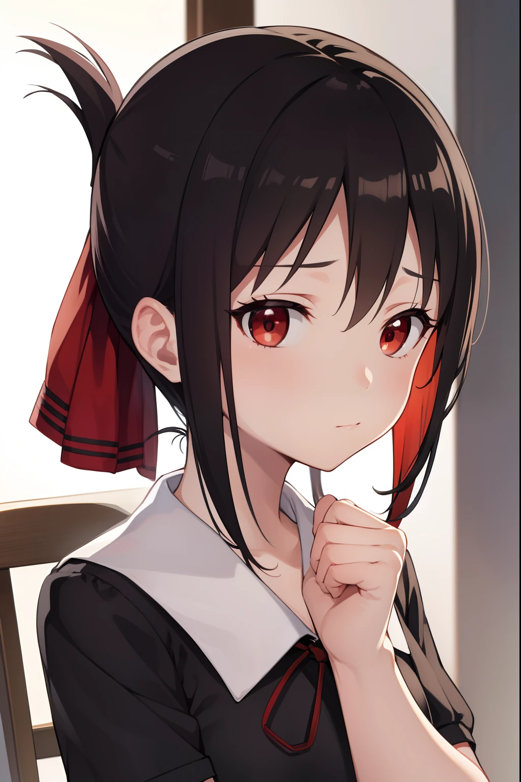 kaguyashinomiya, kaguya shinomiya, folded ponytail, forehead, hair ribbon, (red eyes:1.5), red ribbon, ribbon, short hair, sidelocks, (small breast:1.2),
BREAK black dress, dress, pinafore dress, school uniform, shirt, short sleeves, shuuchiin academy school uniform, white shirt,
BREAK looking at viewer,
BREAK indoors, 
BREAK (masterpiece:1.2), best quality, high resolution, unity 8k wallpaper, (illustration:0.8), (beautiful detailed eyes:1.6), extremely detailed face, perfect lighting, extremely detailed CG, (perfect hands, perfect anatomy),(white panties, wariza:1.5), sitting, roll up skirt, skirt lift, groin, perineum, leaning back, body tilt, shy, blush, embarrassed, arms behind back, dutch angle, top view