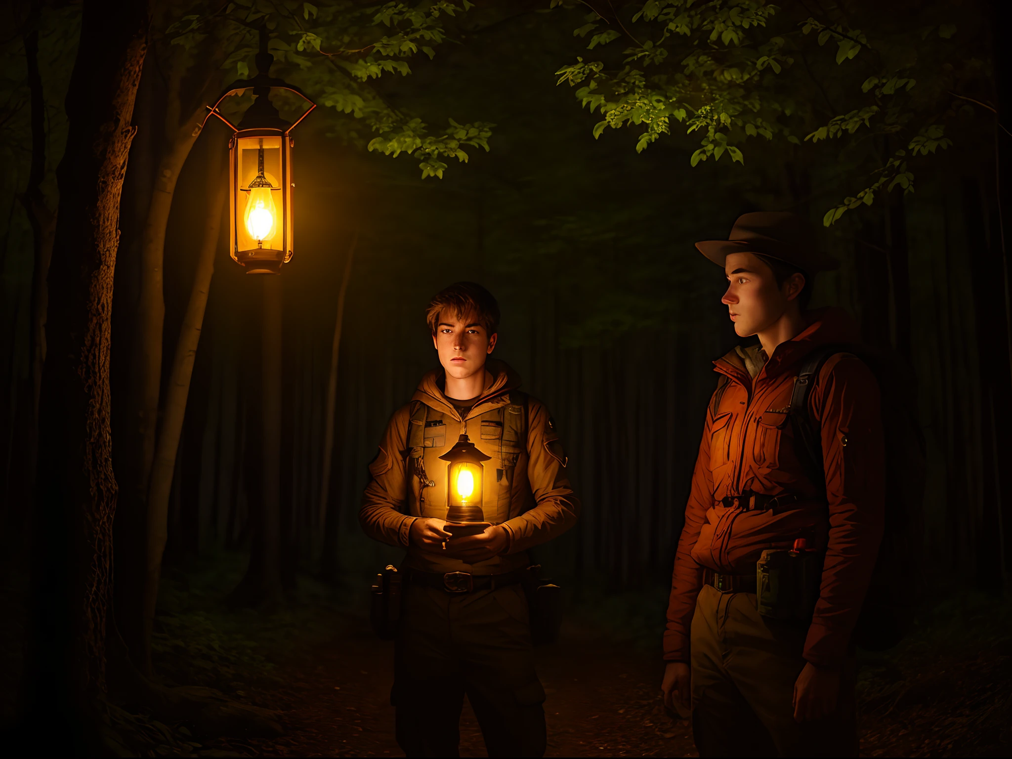 Adventurer with his lantern in the forest at night man 25 years old realistic explorer in the foreground and basically looking at us