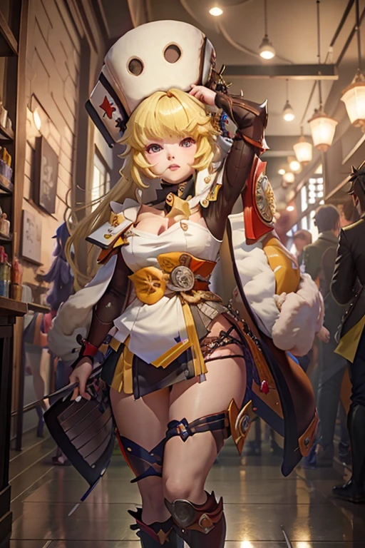 1 garota sozinha Hook (Honkai Star Rail), solo, casa, interior, blonde hair, cabelo curto, olhos amarelos, fur hat, very cute expression, pernas grossas e curtas, rosto bem detalhado, raidenshogundef, raidenshogunrnd, bumbum, backview