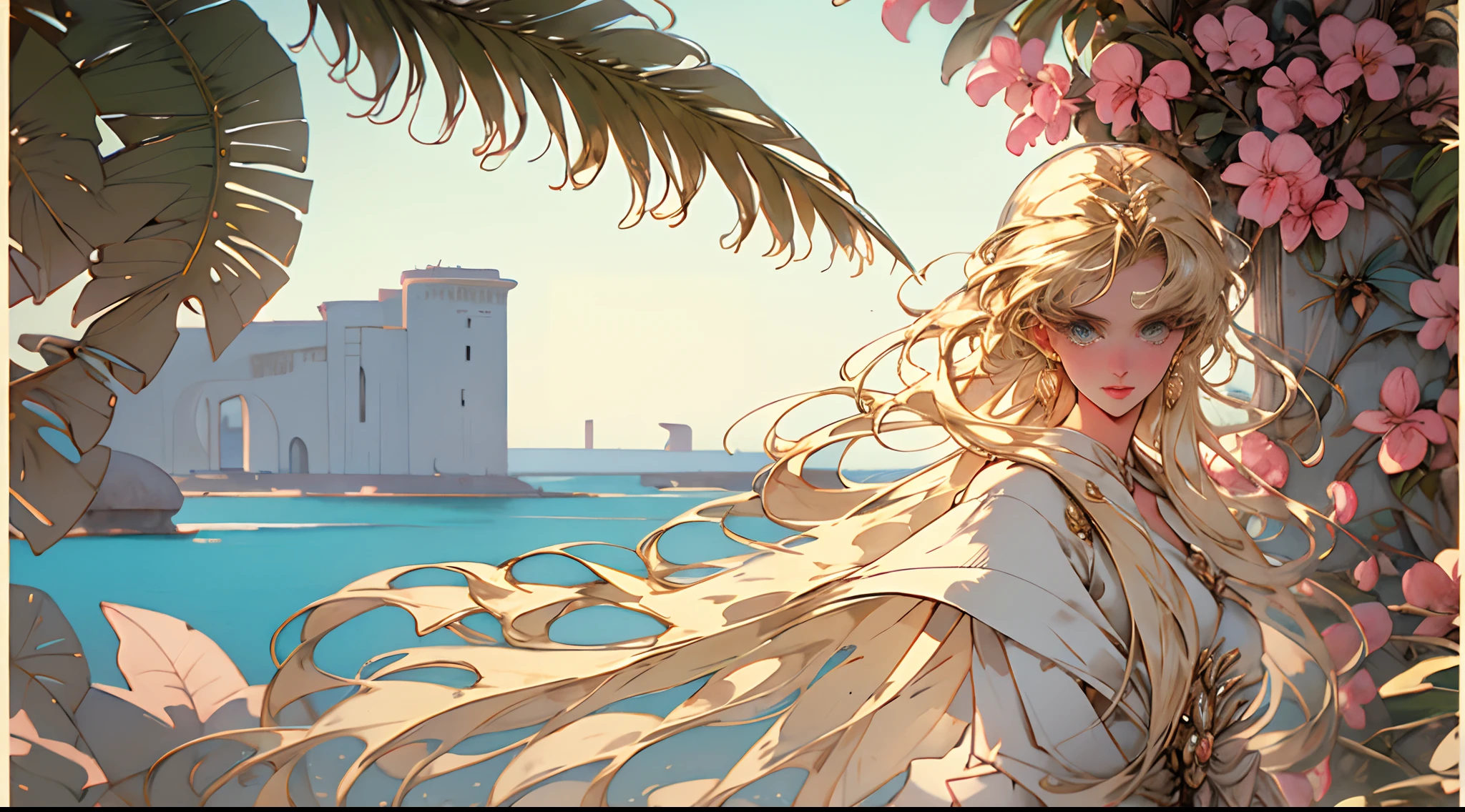 Art deco style poster featuring an elegant, poised blonde woman, her hair cascading in perfect waves, complexion as pure as fresh snow, in the suggestive tropical milieu of Cuba, coconut palms swaying in the distance, vintage pastels, high contrast, glossy texture, Havana vibes, 1950s fashion, ultra clear, feminine allure, sharp edges, geometric patterns, nostalgia-kissed colors