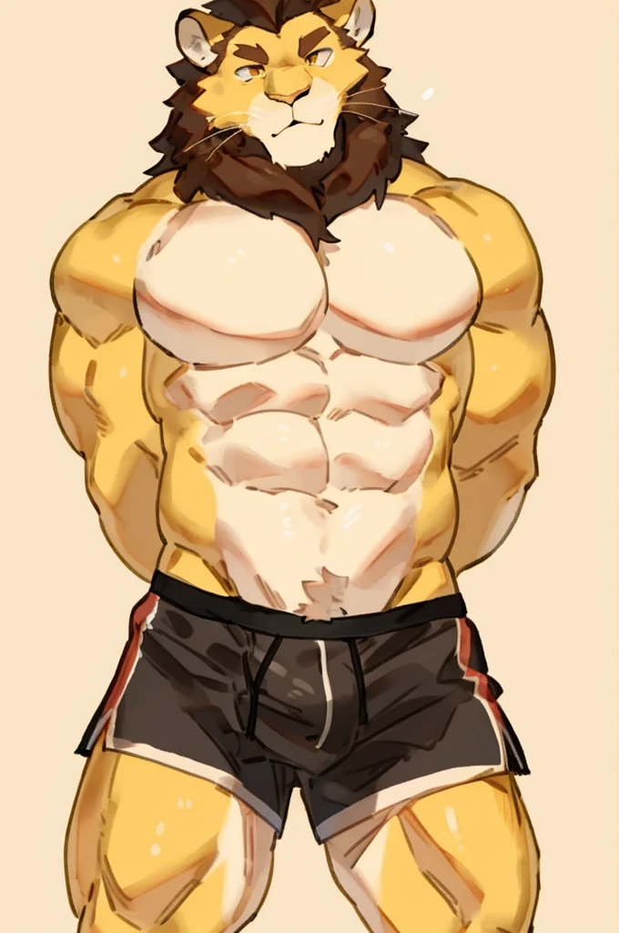 Furry, Anthro, Lion, Male, E621, Standing, Muscular, Hands behind back, Wearing boxer shorts, Simple image background, Front view, Yellow skin, by buta99