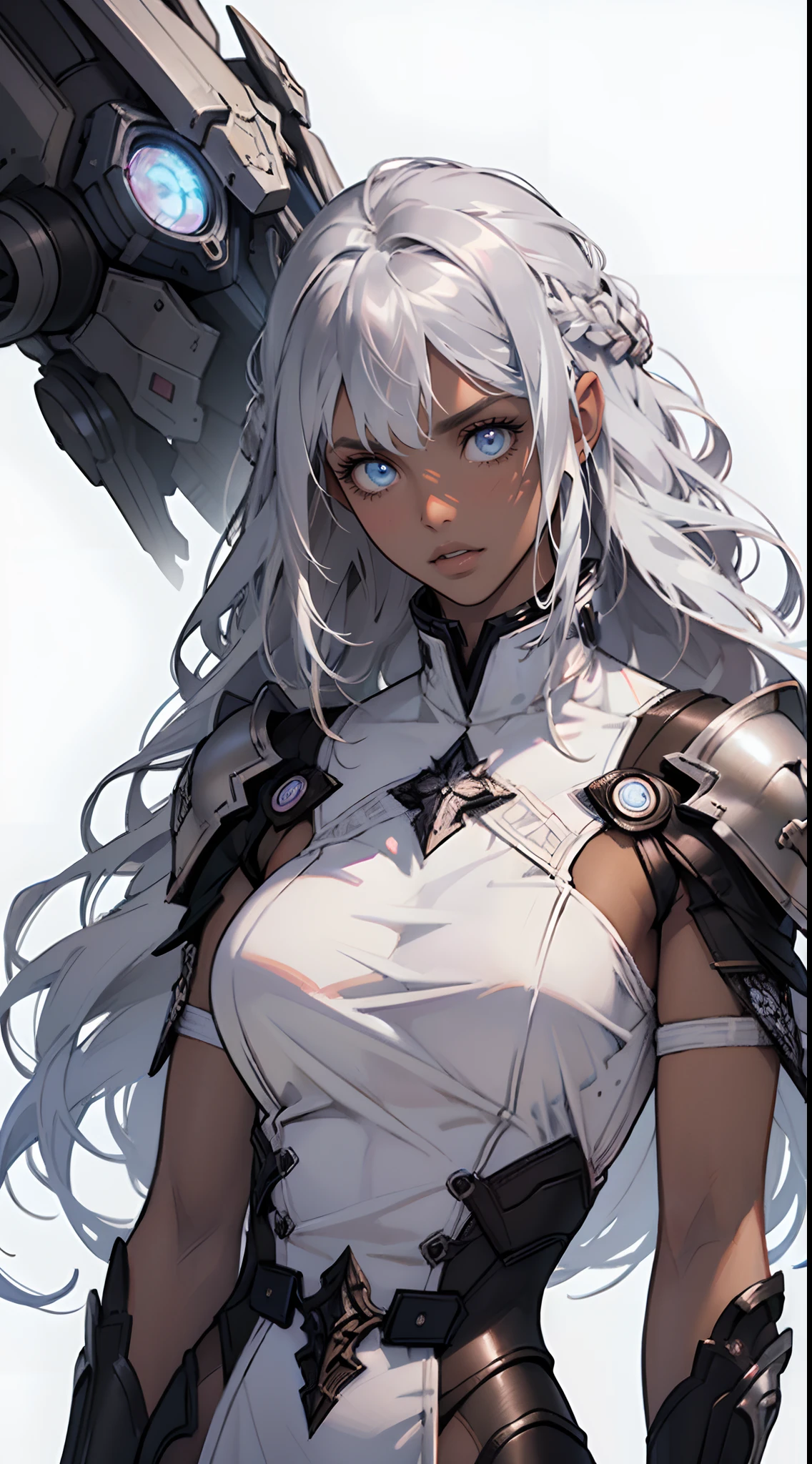 Beautiful woman, extremely long hair , ((silver hair:1.3)) , wavy hair, ((very large chest:1)) , full lips , pink iris , fit body , ((brown skin:1.3)), ((dark skin:1.3)), has striking long, white hair that flows down to her mid-back, strong and determined facial structure, light pink eyes , eyebrows are thin and arched, powerful and athletic build, She is notably tall and statuesque, well-defined muscles, age 33,
(masterpiece:1.3), (best quality:1.3), high-resolution, watercolor pencil, Head-on angle, upper body, Body facing forward, (upright:1.3), (arms at sides:1.3), solo, blue eyes, beautiful detailed eyes, Futuristic clothing, mechanical suit, (white background:1.2), simple background, concept art, shadowlighting,
(masterpiece, best quality:1.3),beautiful detailed glow,best illuminate,(((best quality,textile shading,ultra detailed))),extremely detailed CG unity 8k wallpaper,Highly Detailed beautiful and aesthetic,best light,high resolution,detailed,dynamic lighting , 1Character , pastel washed out colors , cell shade , soft, muted shades ,gentle colors ,
