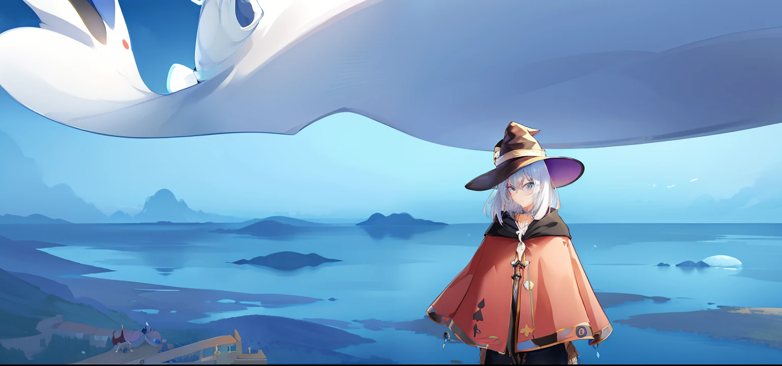 There's a man standing, sky witch, Horizonte, Themed robes and hat, renderizado em unrealengine, (octan render) estilo fantasia, character with a hat, bunny mask, garota anime com cabelo curto