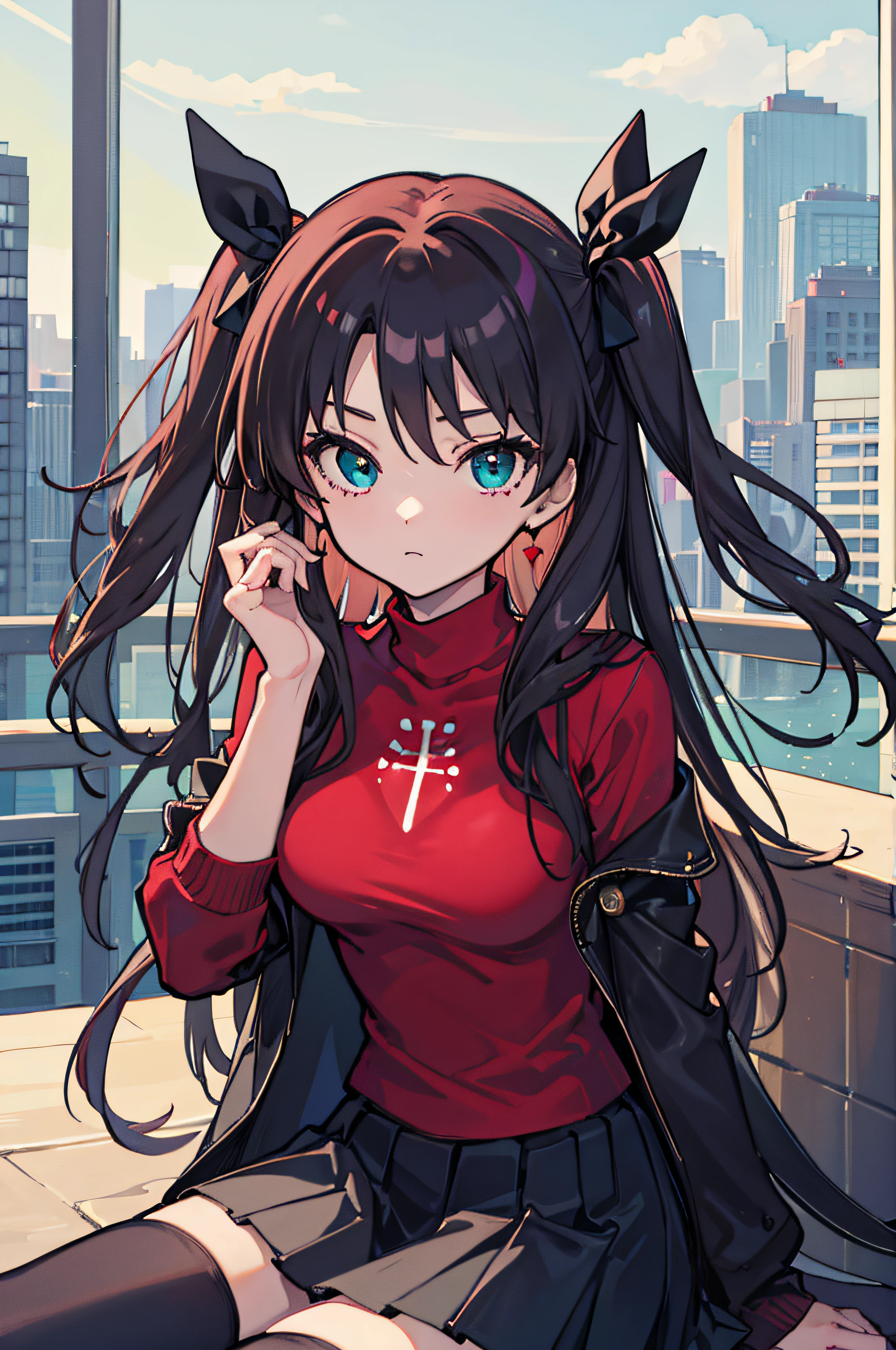 (masterpiece), best quality, expressive eyes, perfect face, 1girl, solo, rintohsaka, rin tohsaka, aqua eyes, black hair, hair ribbon, long hair, ribbon, sidelocks, two side up, black skirt, black thighhighs, long sleeves, miniskirt, pleated skirt, ((red sweater)), skirt, sweater, thighhighs, turtleneck, city background, sitting, character sheet, upper body, portrait, looking at viewer