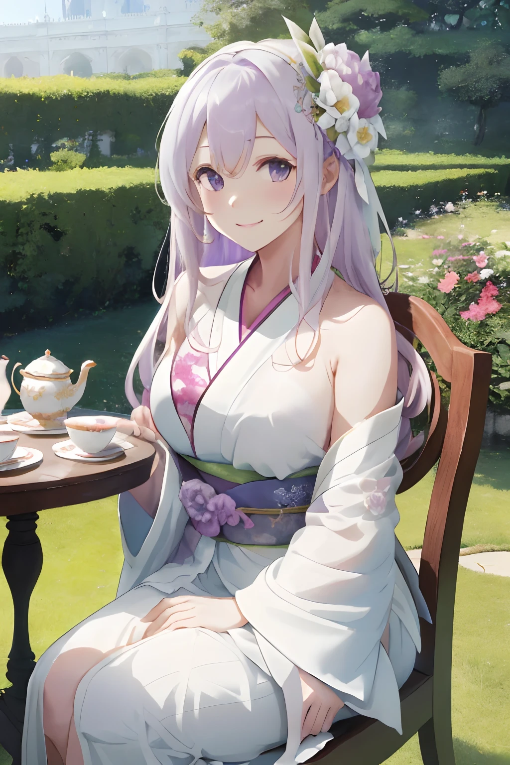 colorful flower々Botanical Gardens in Full Bloom,White Luxurious Garden Palace (White Luxurious Garden Palace) (White Luxurious Garden Palace (White Luxurious Garden Palace)),Garden table and chairs with sculptures,Fluffy pale golden hair,Eyes pale purple,Kimono with white, yellow, Light purple and light blue,Kimono,Komono,Shawl made of translucent material on the shoulders,AHE Face,red tide,Pleasant look,Smile on his face,Tea time sitting gracefully in a chair,Luxurious beautiful teacups and tea,afternoon tea,Sweets such as macarons and cakes