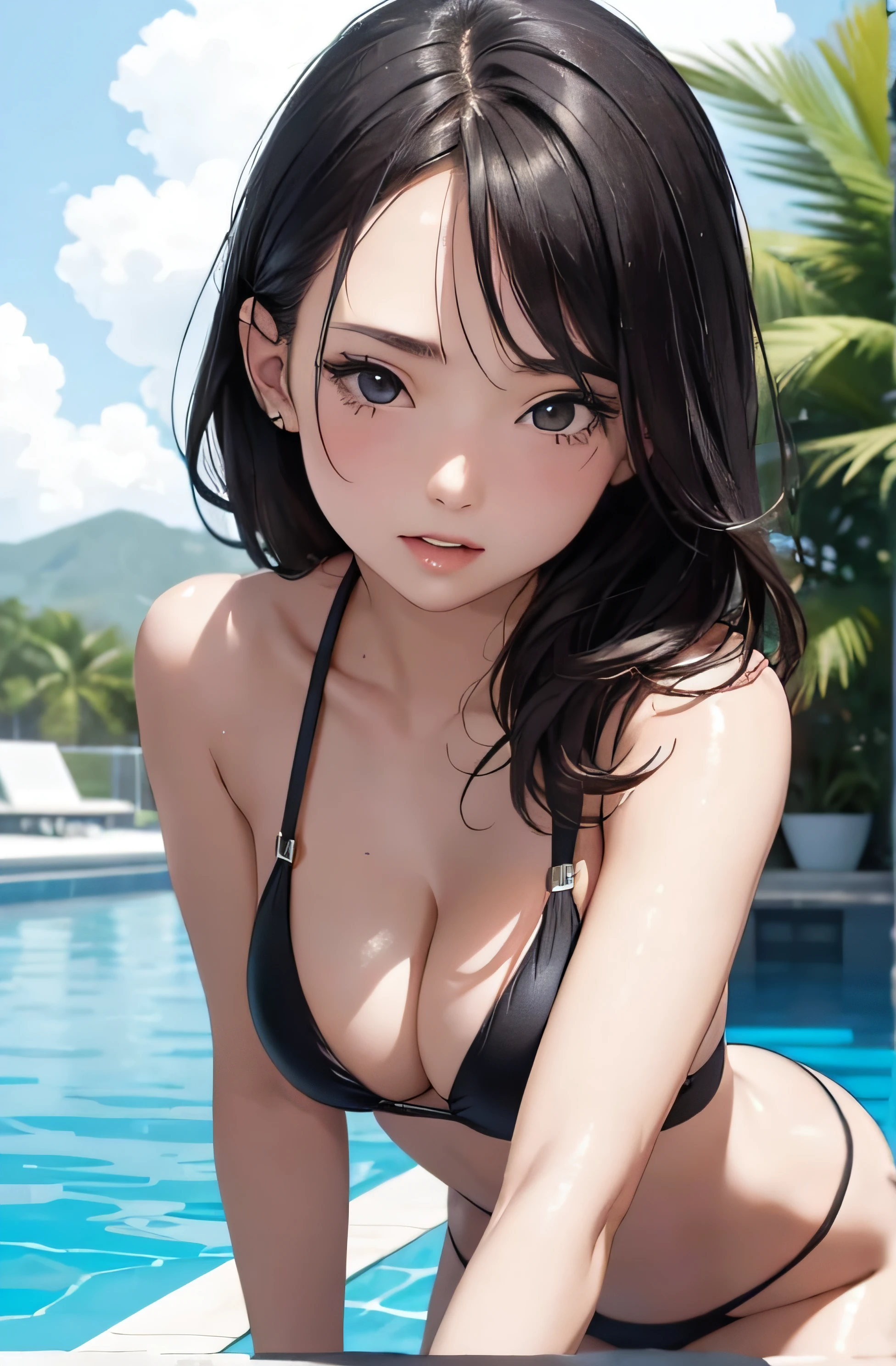 girl in swimsuit, making like she wants to kiss you, (girl bending down looking at the camera), medium breasts, cleavage, random background, flirtatious look, ((very detailed)), (perfectly detailed face), (well detailed hand) photorealistic image.