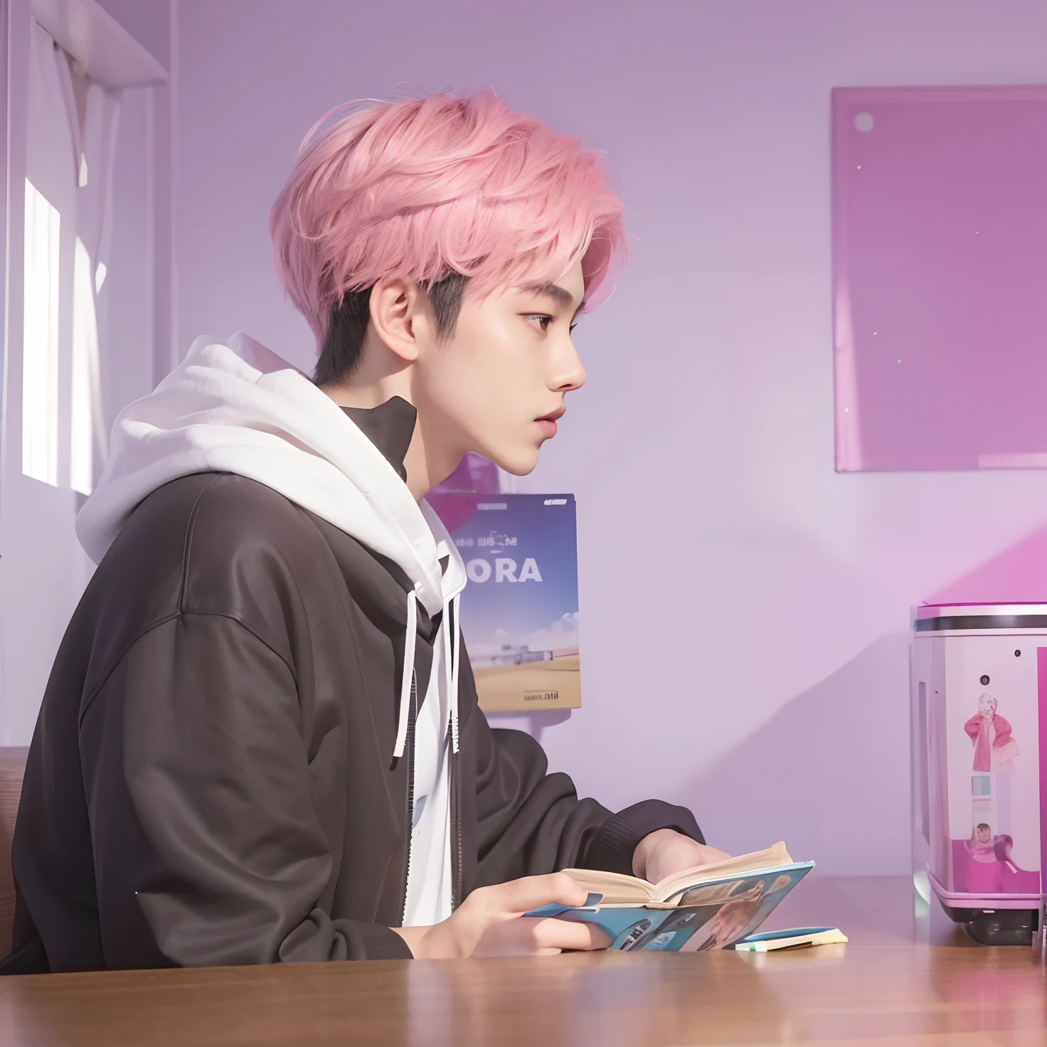 A teenage boy with realistic pink and black hair, realistic thin black hair, exactly the same hairstyle,Realistic Japanese handsome face, realistic cool expression, adapt exact same clothes, realistic black and white hoodie, realistic light, realistic shadows, realistic background,Holding a realistic book