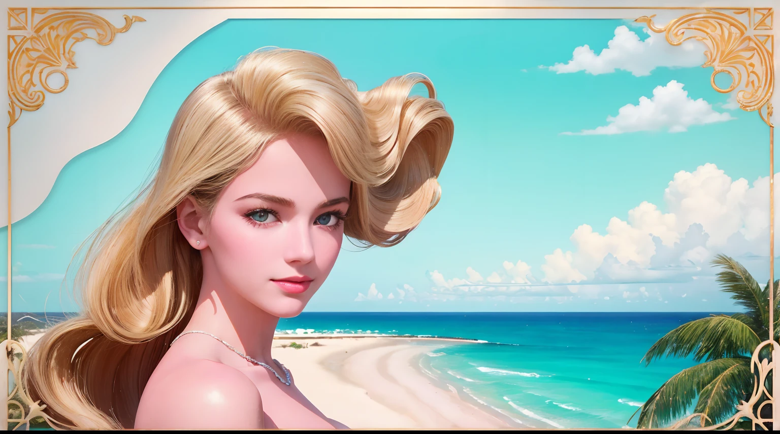 Art deco style poster featuring an elegant, poised blonde woman, her hair cascading in perfect waves, complexion as pure as fresh snow, in the suggestive tropical milieu of Cuba, coconut palms swaying in the distance, vintage pastels, high contrast, glossy texture, Havana vibes, 1950s fashion, ultra clear, feminine allure, sharp edges, geometric patterns, nostalgia-kissed colors